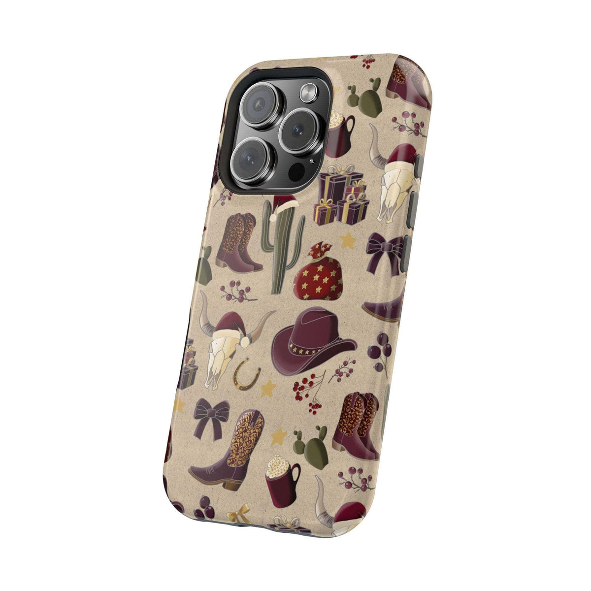 Cowboy Christmas design phone case for iPhone 17 in glossy finish by Printify, featuring festive colors and patterns.