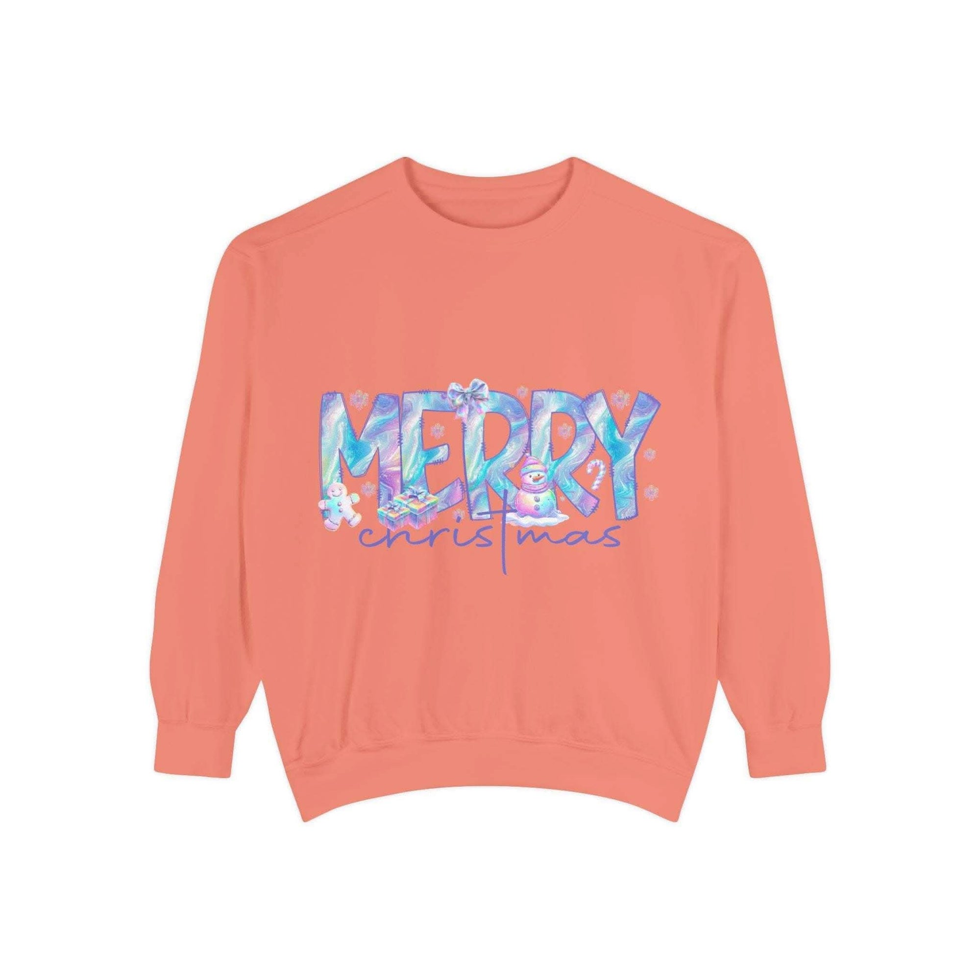 coral unisex sweatshirt with iridescent Merry Christmas design and ribbed cuffs and hem