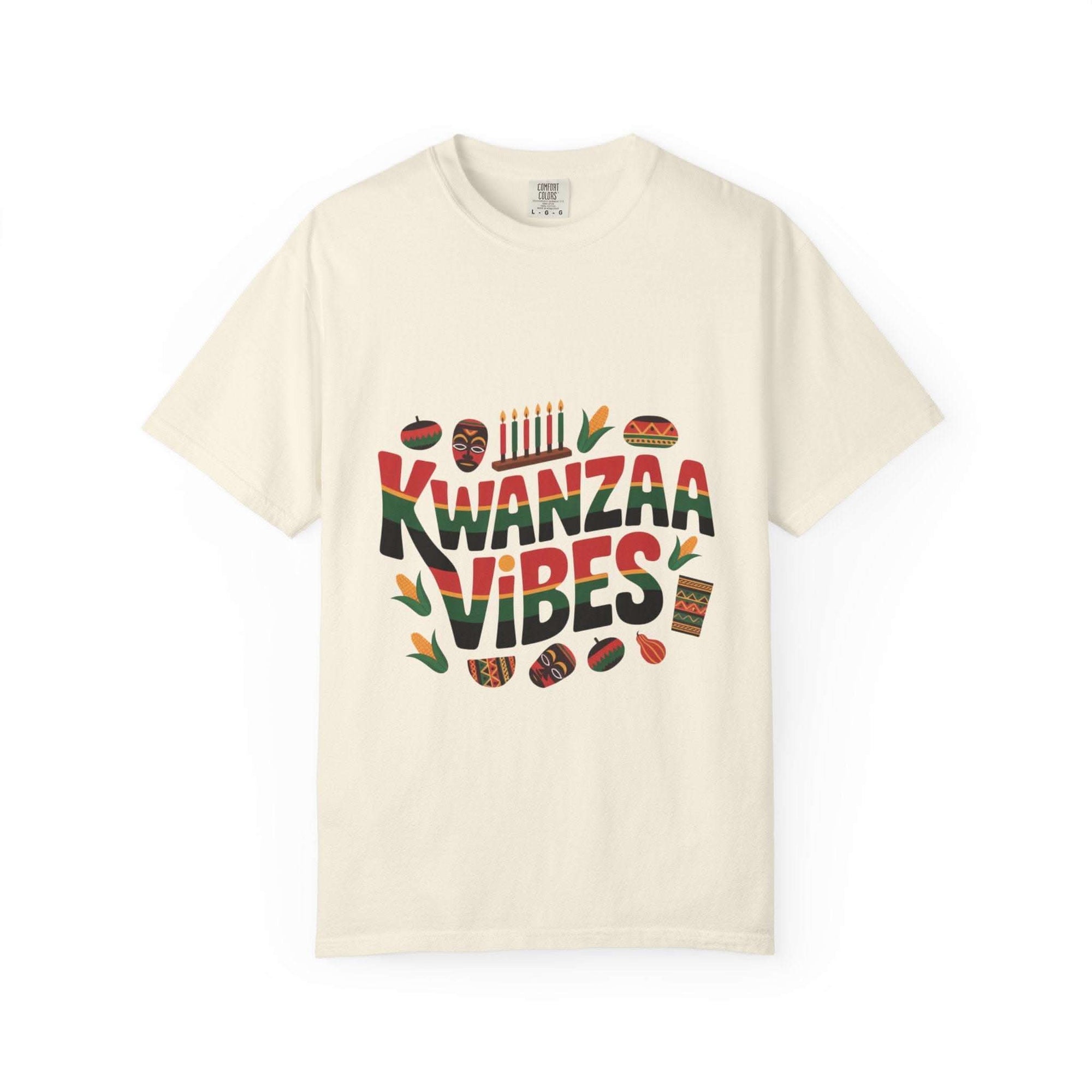 Garment-dyed Kwanzaa Vibes t-shirt in white, featuring a cultural celebration design, by Printify