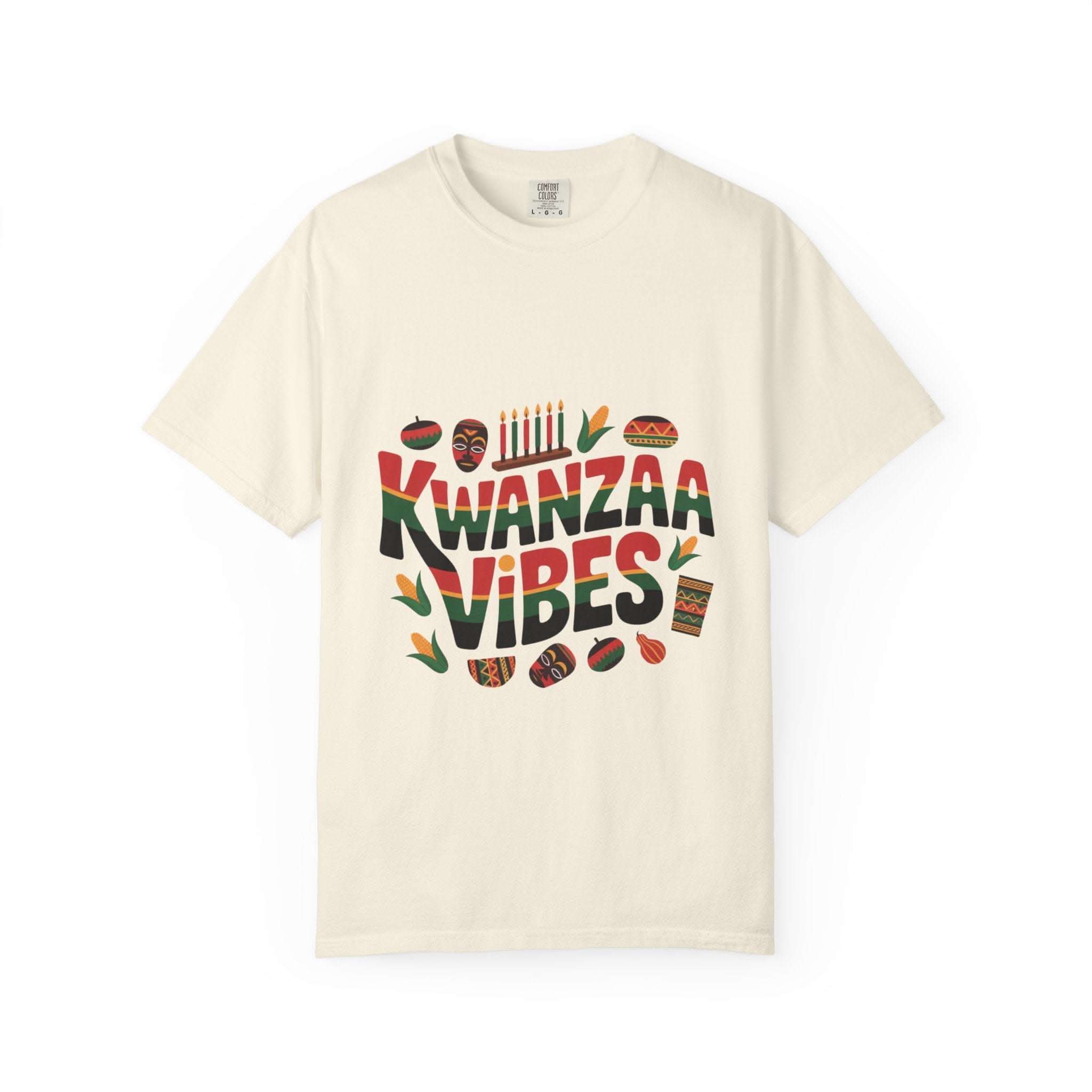 Garment-dyed Kwanzaa Vibes t-shirt in white, featuring a cultural celebration design, by Printify