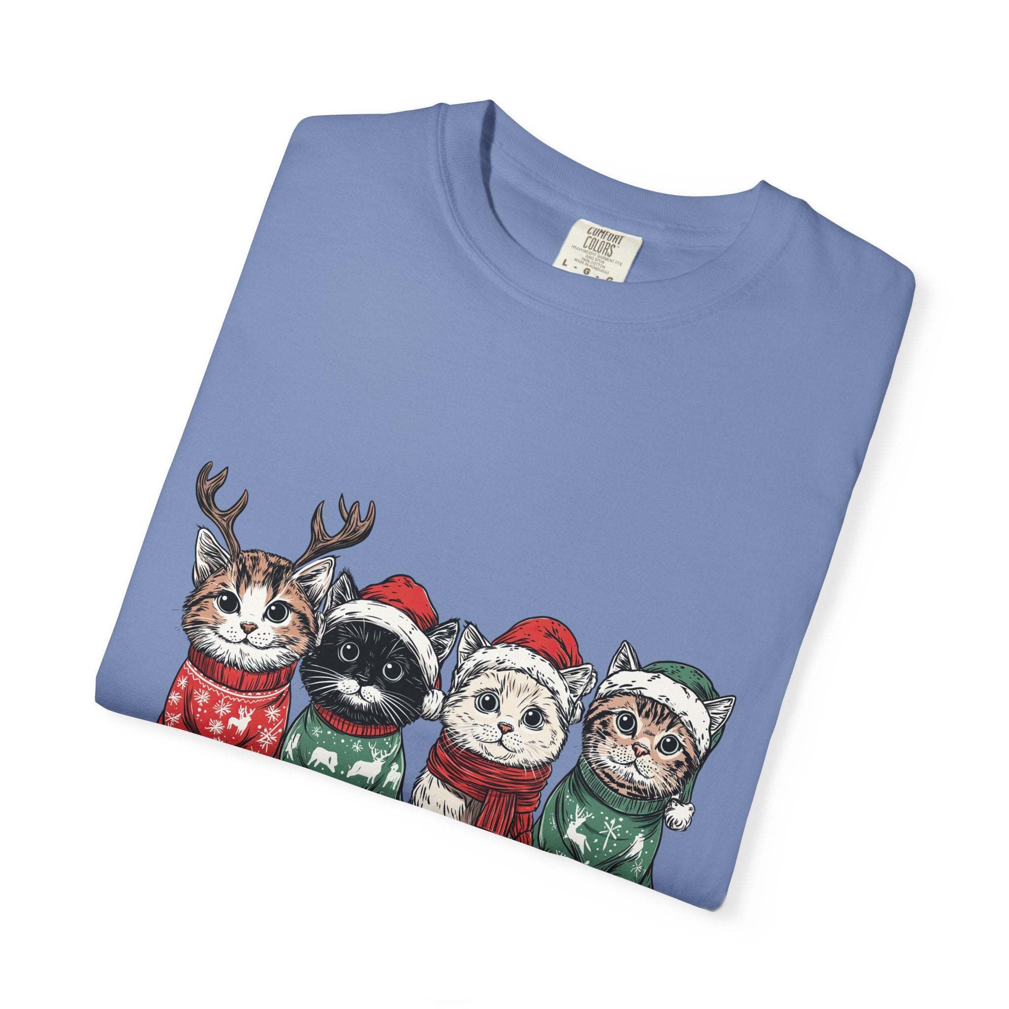 Bay Cat Lover T-shirt with Meowy Christmas design from Printify, perfect festive gift for cat enthusiasts.