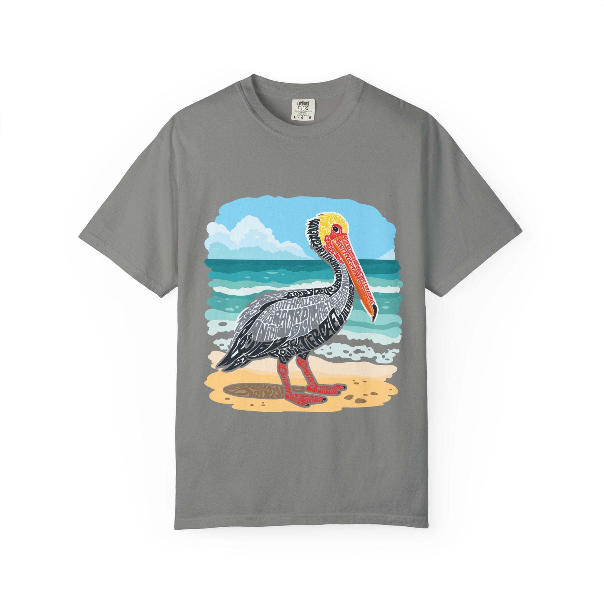 Grey t-shirt with vintage pelican letter poster graphic on beach background