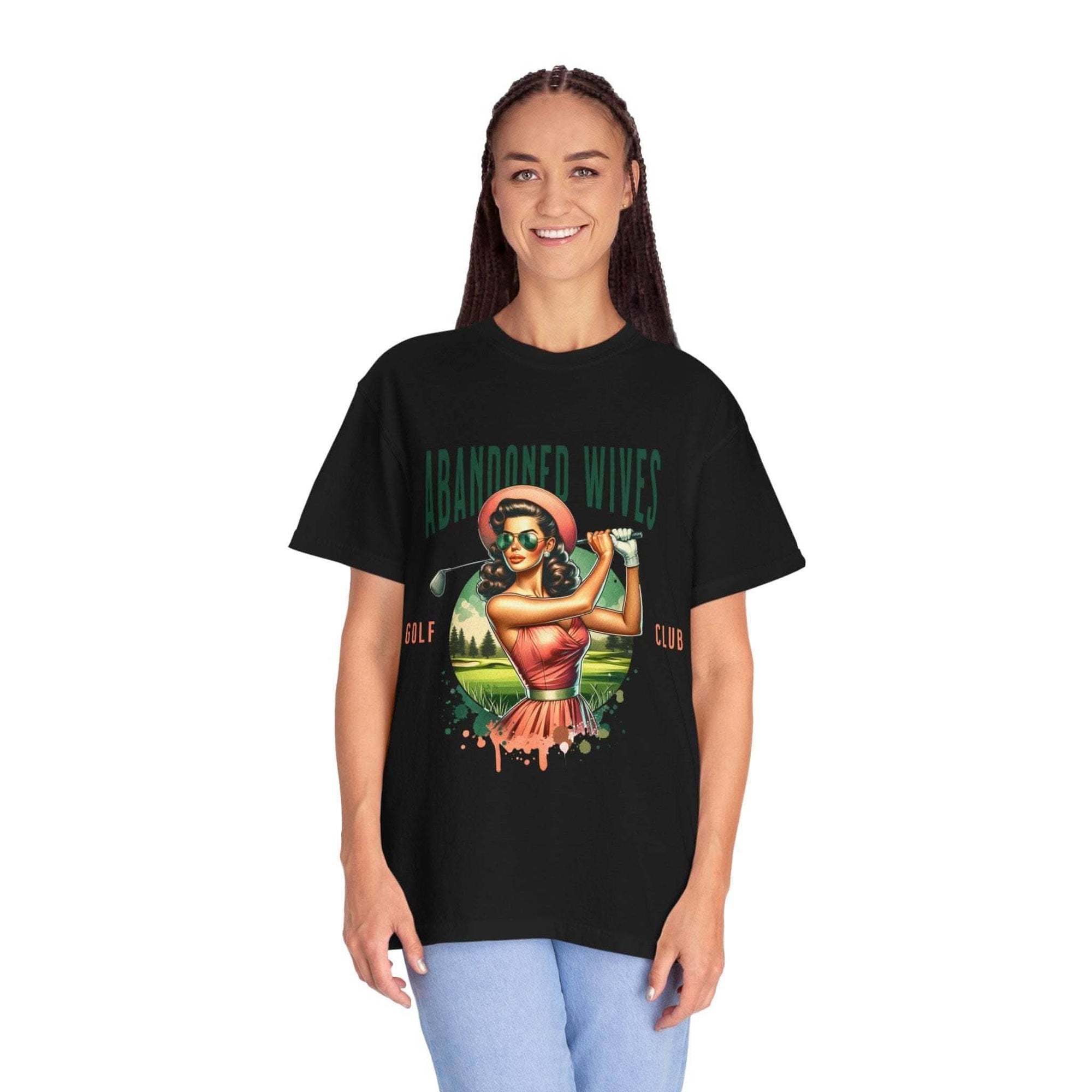 Vintage unisex t-shirt with humorous Abandoned Wives Golf Club graphic and durable ring-spun cotton fabric