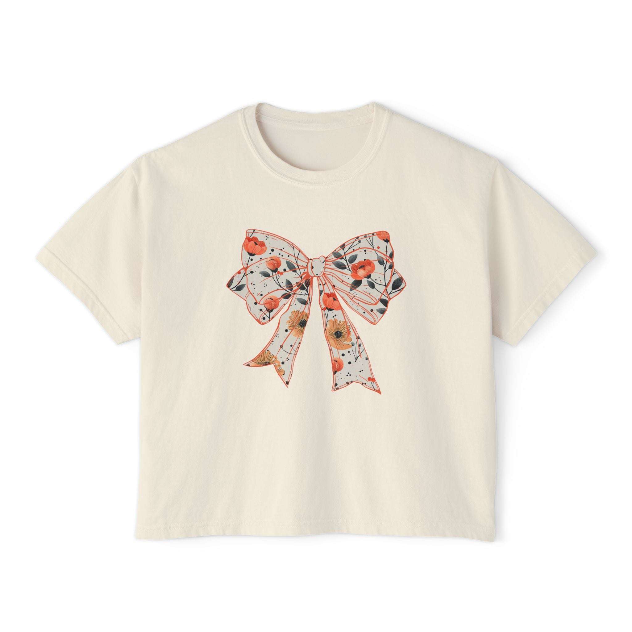 Floral coquette bow design womens tee in butter color, boxy fit, vintage cotton material by Printify