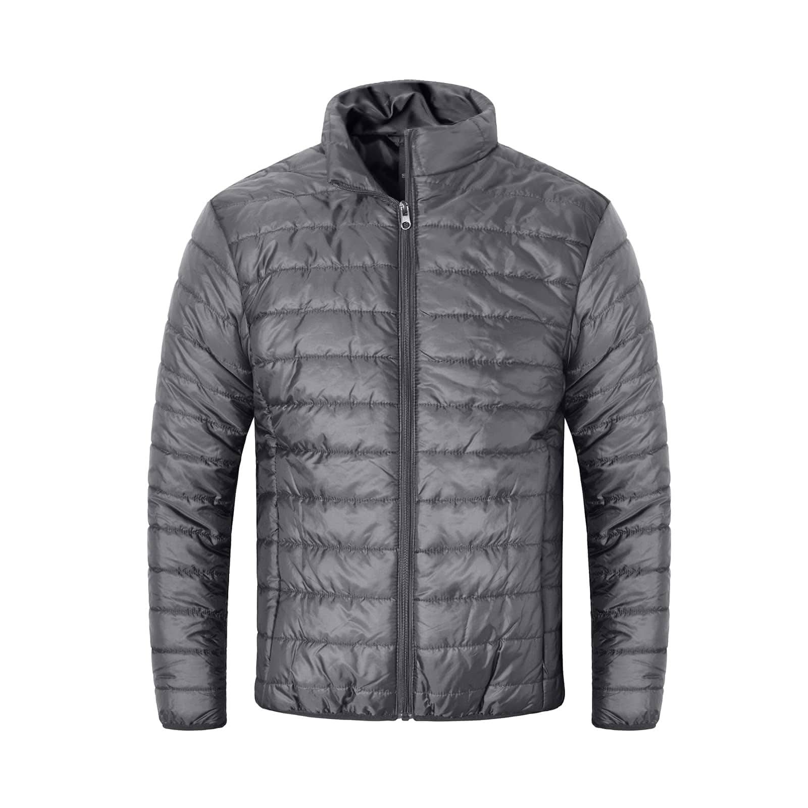 Mens puffer jacket with zipper closure, windproof and water-resistant, featuring multi pockets and packable design for travel