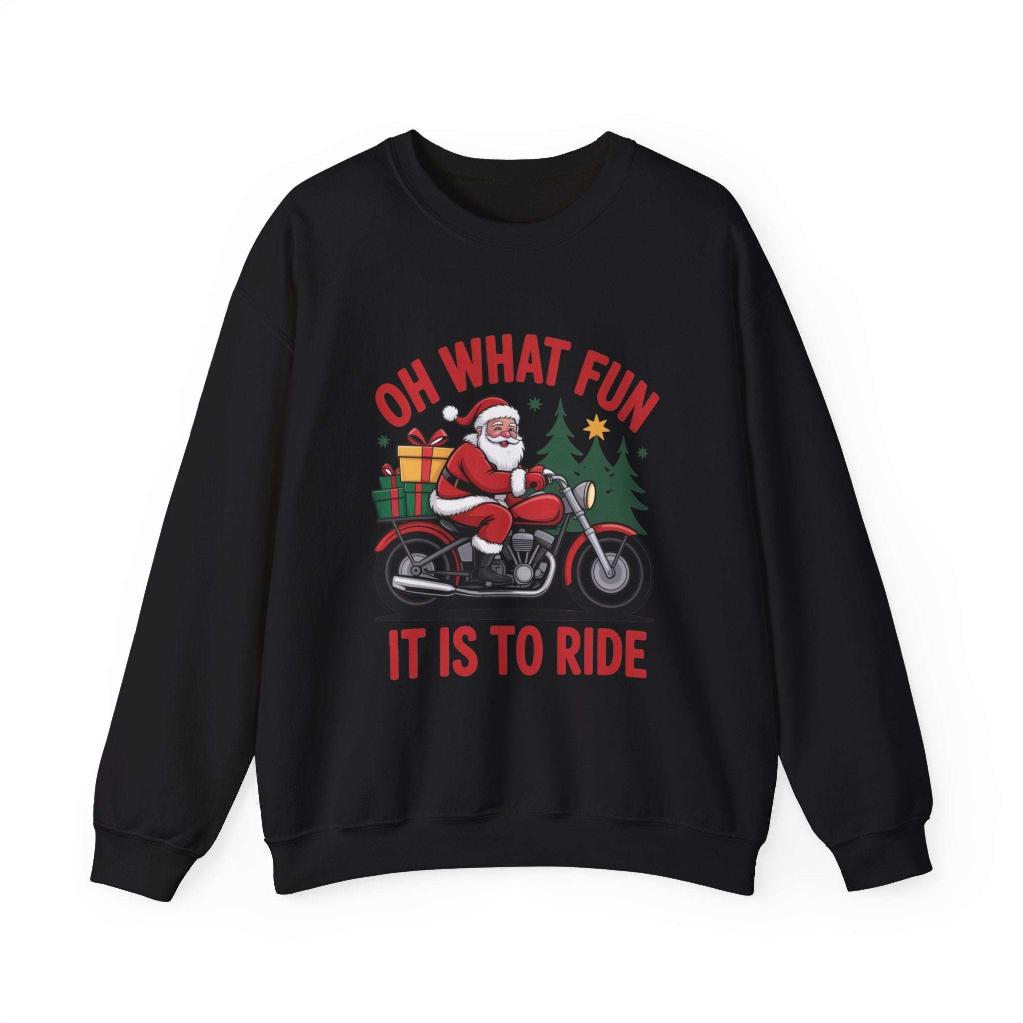 Black crewneck sweatshirt featuring a Santa motorcycle graphic by Printify, perfect for cozy winter wear.