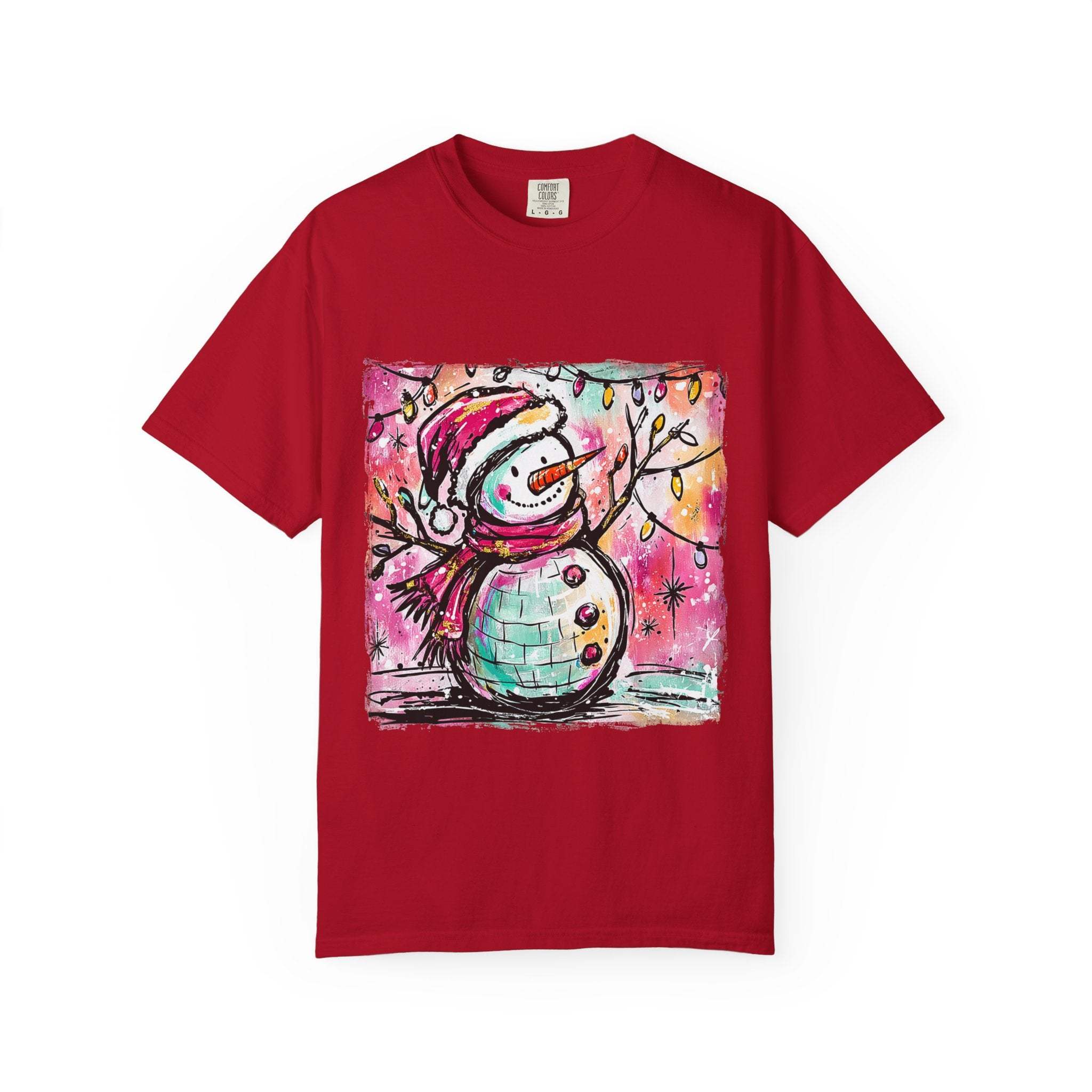White unisex t-shirt featuring colorful disco ball snowman design, perfect for Christmas and dance parties by Printify