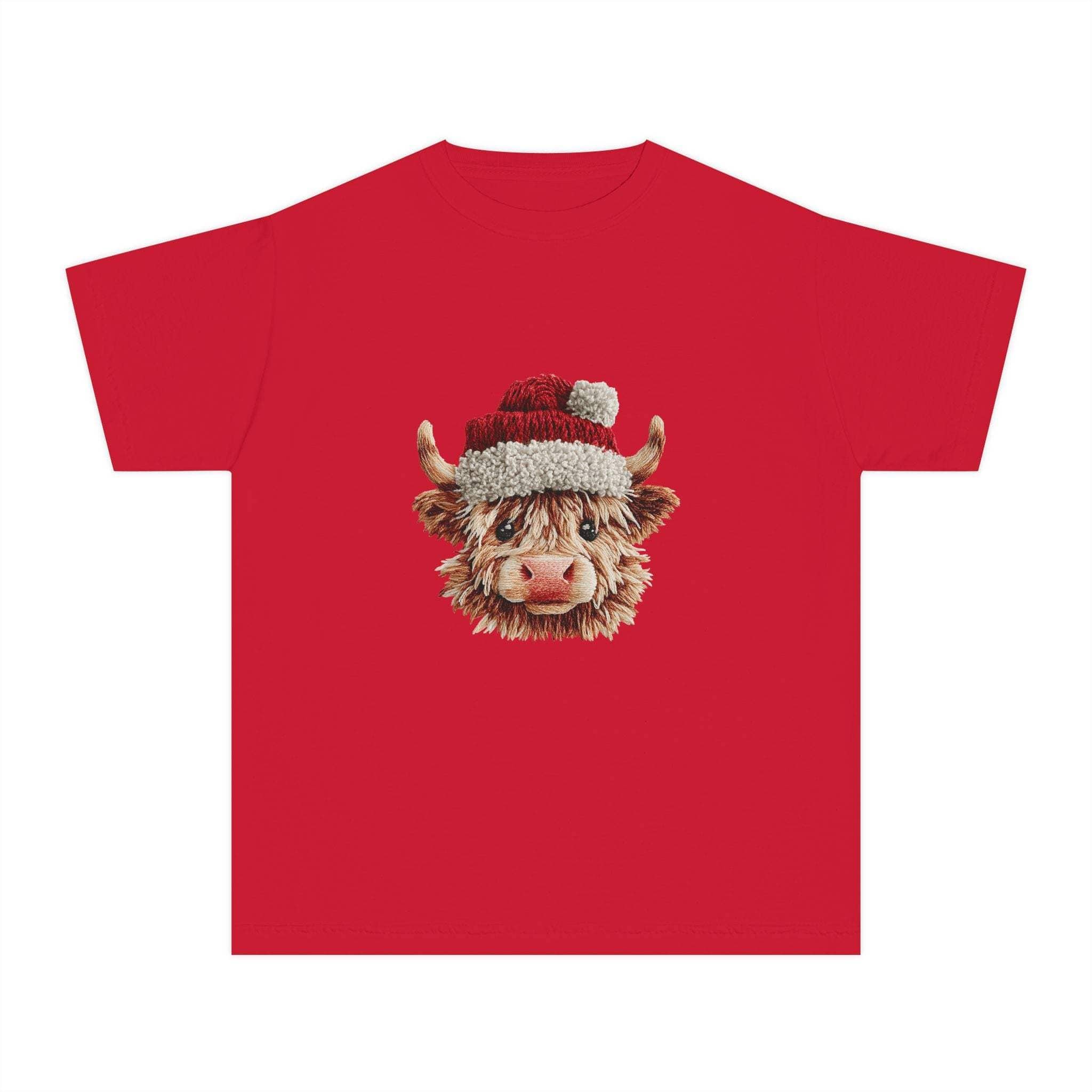Santa Highland Cow Youth Tee with faux crochet yarn Santa hat design