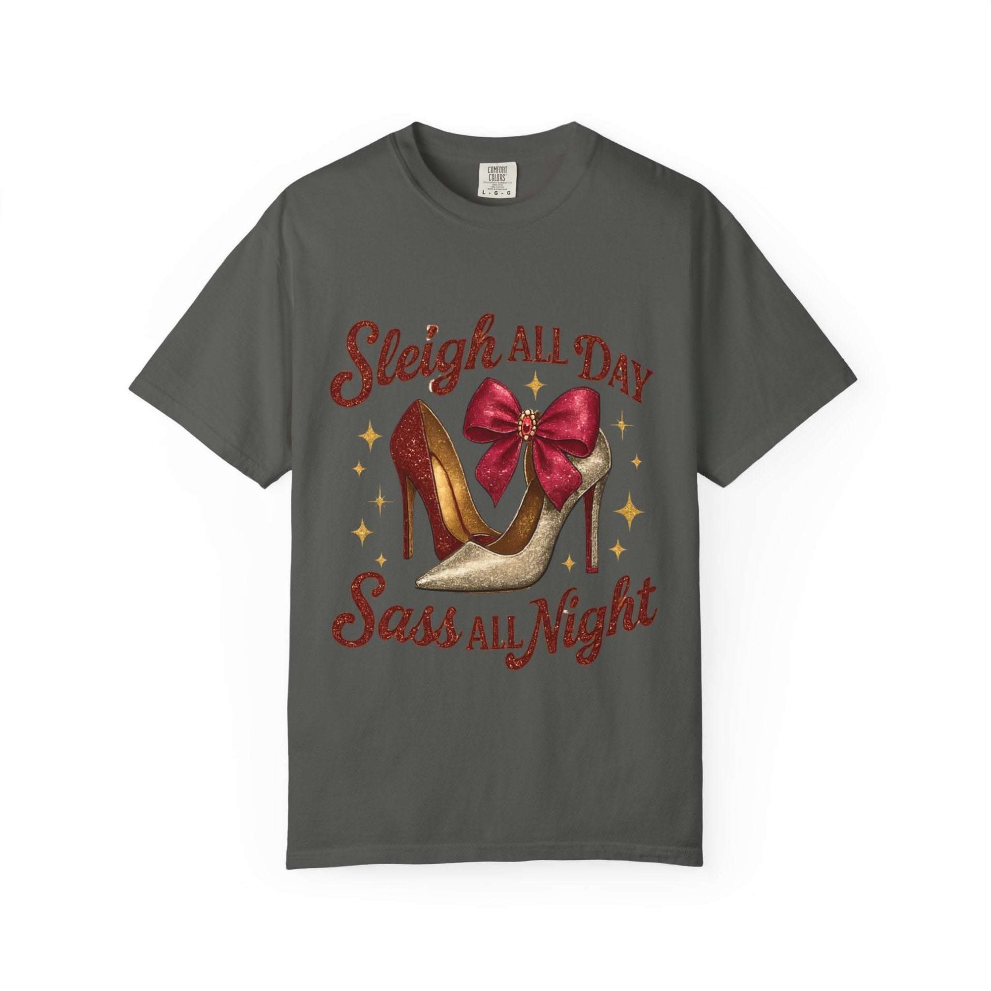 Unisex Sass All Night t-shirt in black, featuring playful design, perfect for casual and festive wear.