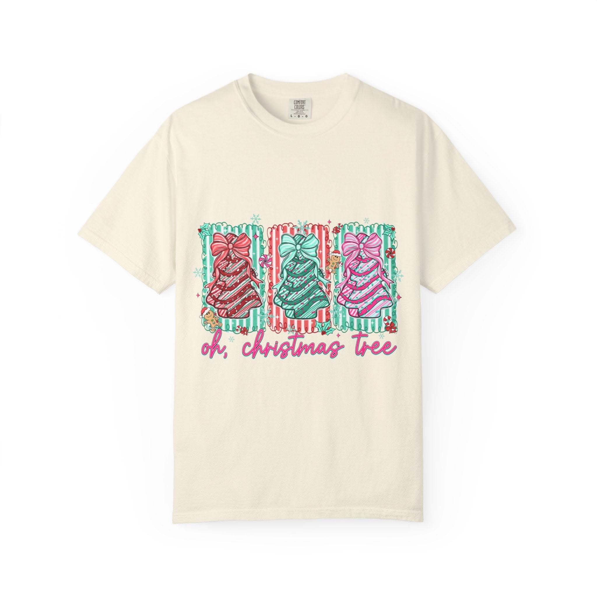 Oh Christmas Tree T-shirt with colorful decorated Christmas trees on cream garment-dyed fabric