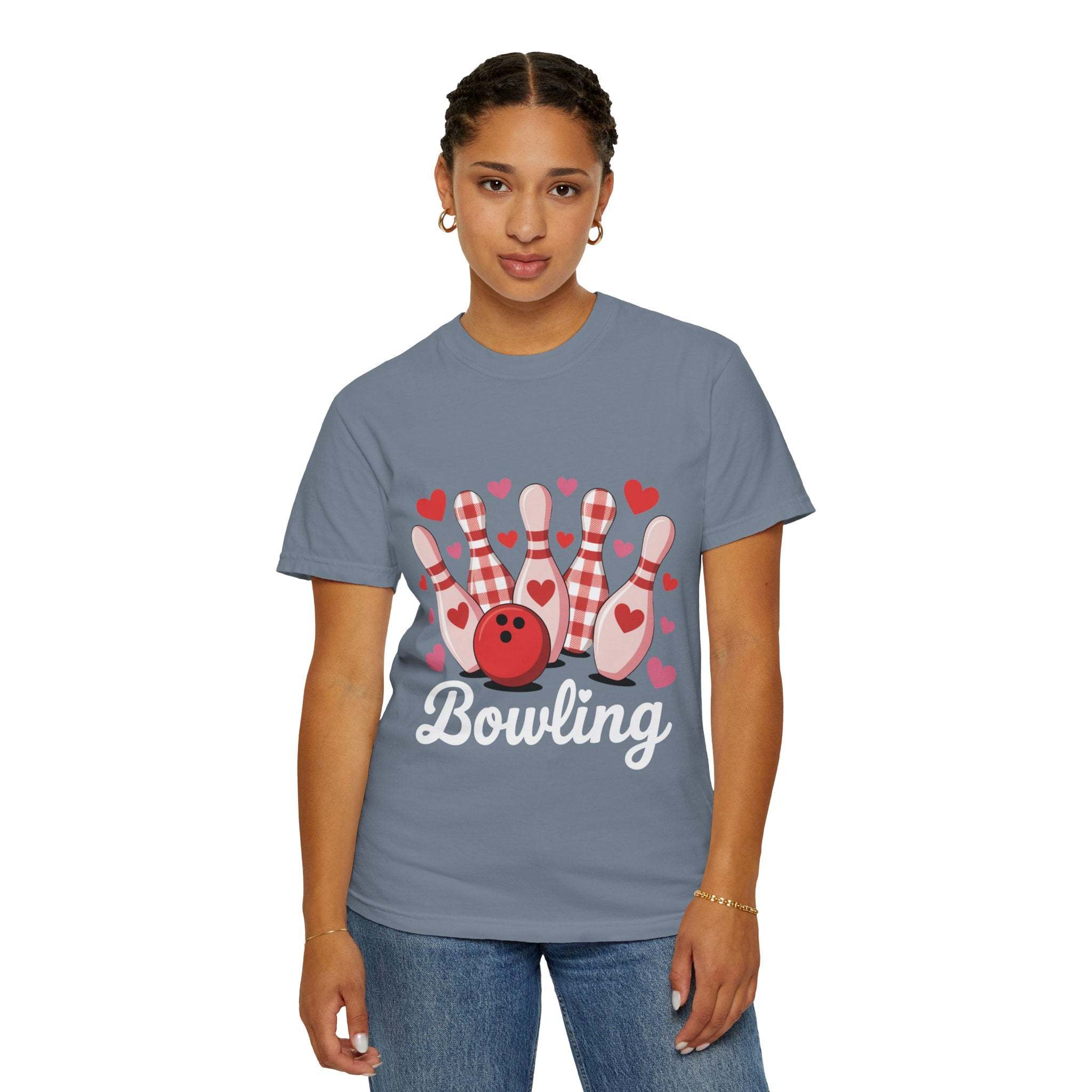 Valentine's Bowling Hearts Tshirt with retro bowling pin and heart design on soft heavyweight cotton
