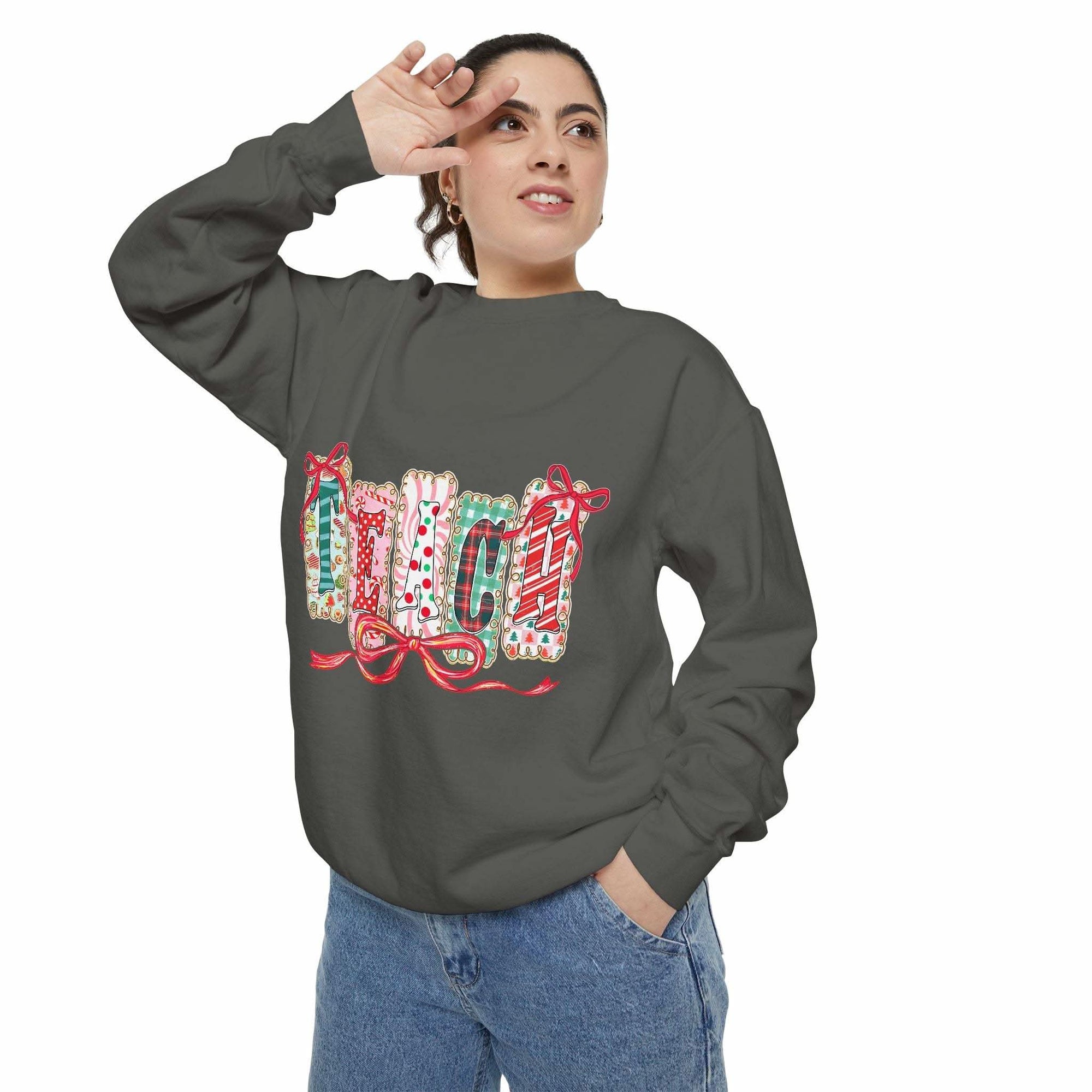 Pepper-colored sweatshirt with a preppy design, ideal for Christmas gifts, from Printify, available in sizes S, M, L.