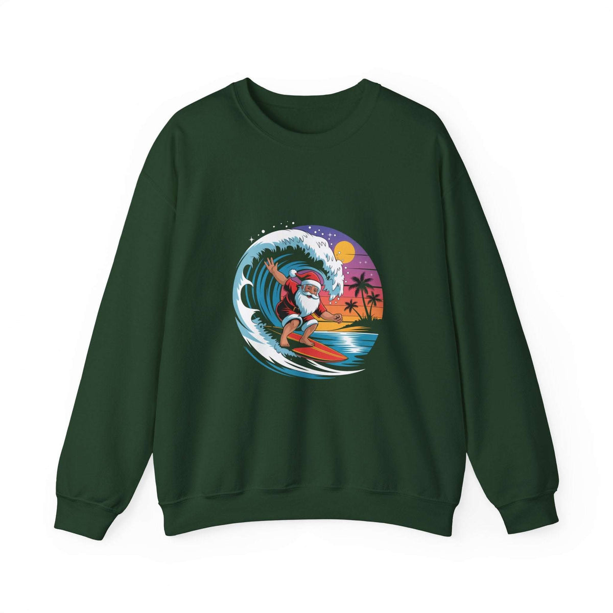 Navy Santa sweatshirt featuring a surfing design, perfect for holiday beachwear by Printify.