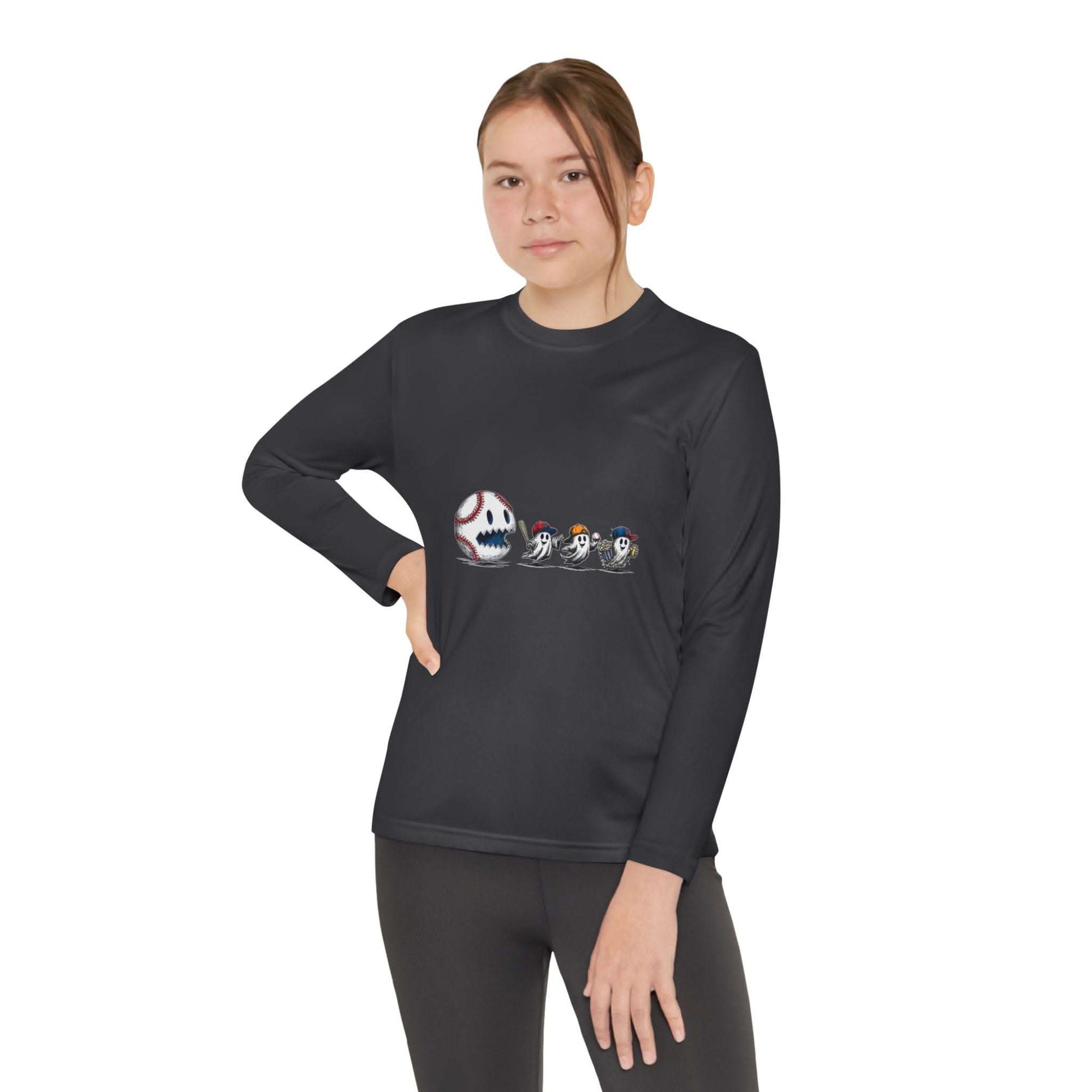 Youth Tee black long sleeve shirt with baseball eating Halloween ghosts graphic design