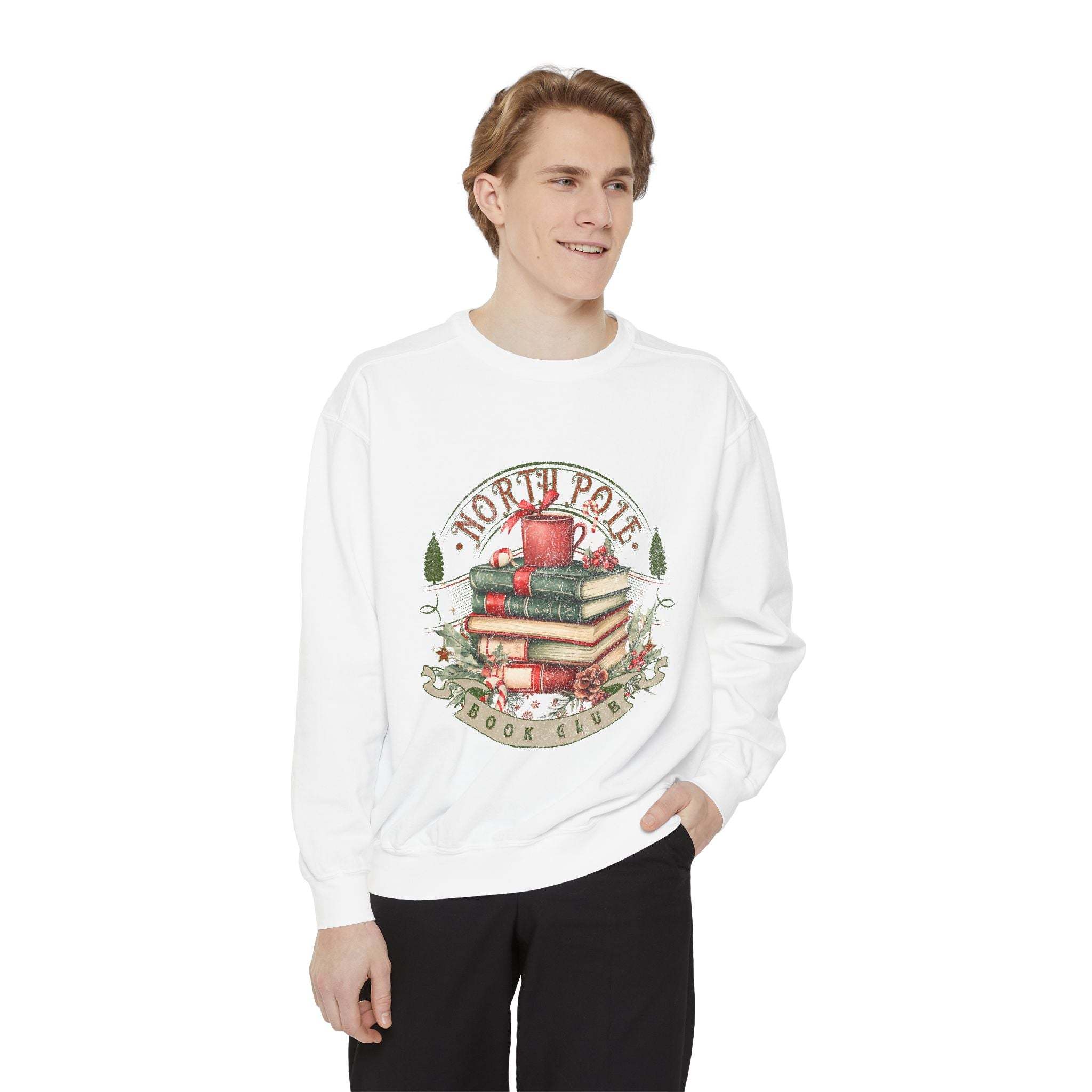 Vintage North Pole Book Club white sweatshirt with holiday-themed book and cup graphic