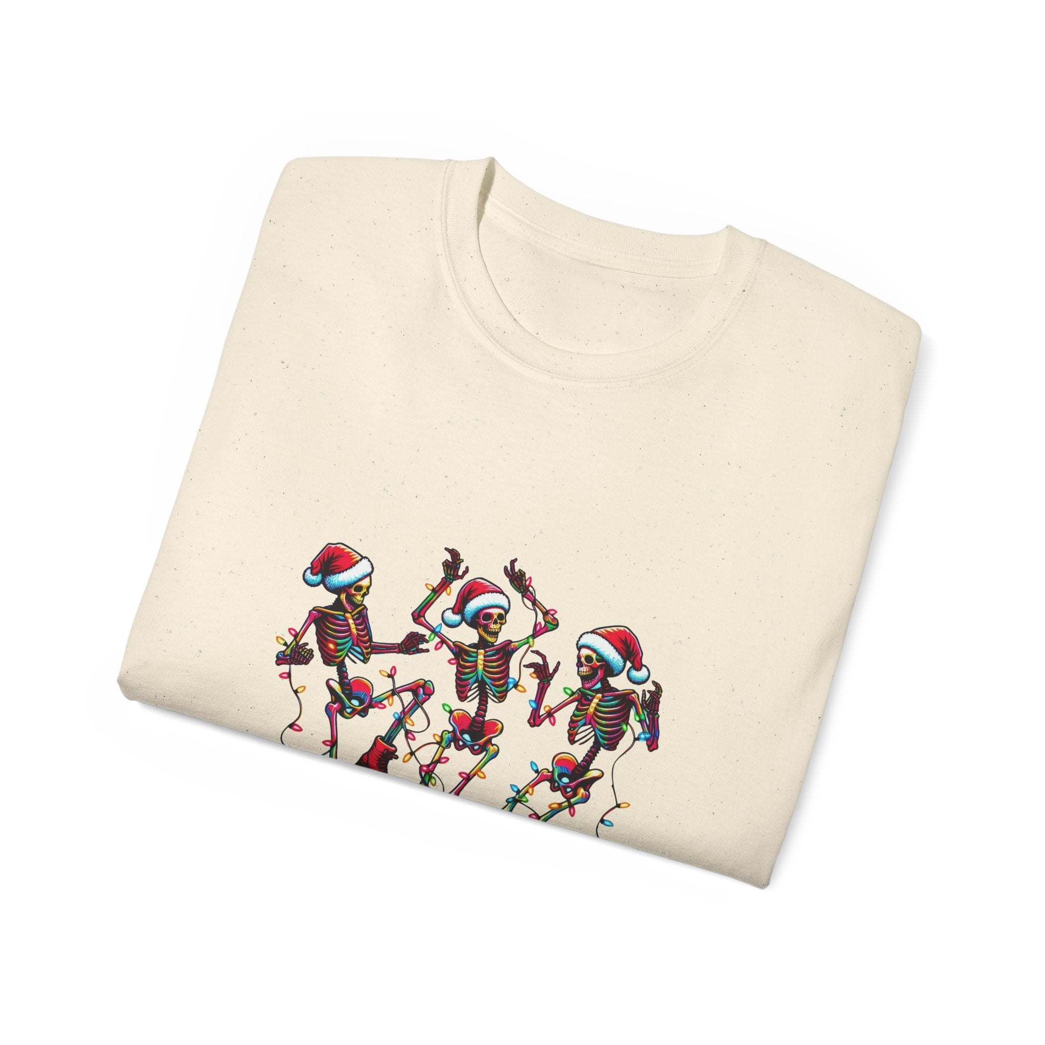 White Christmas Dancing Skeletons t-shirt by Printify, festive design perfect for holiday celebrations