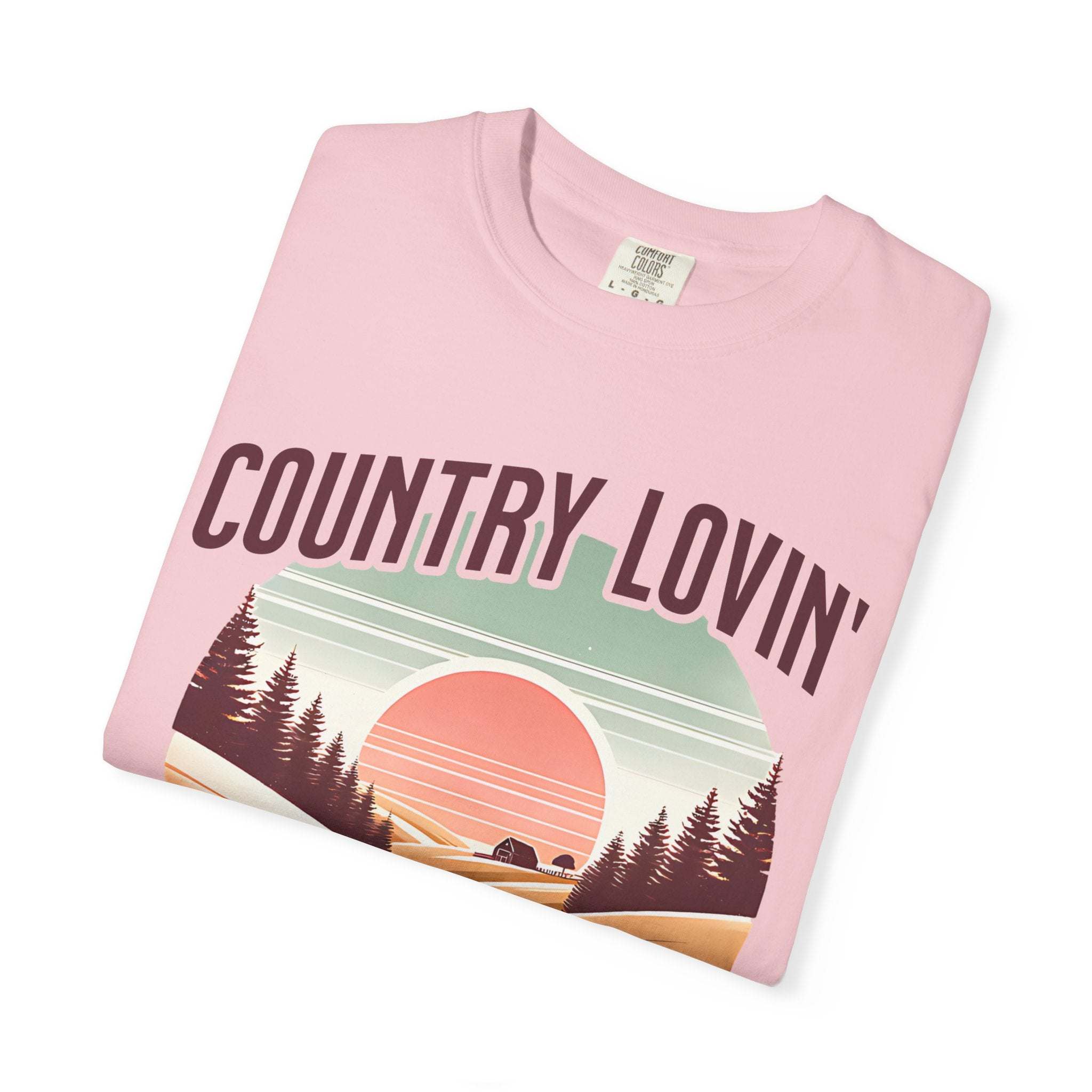 Pink Country Lovin Girl T-shirt with vintage sunset and forest design, soft cotton fabric, cozy fit