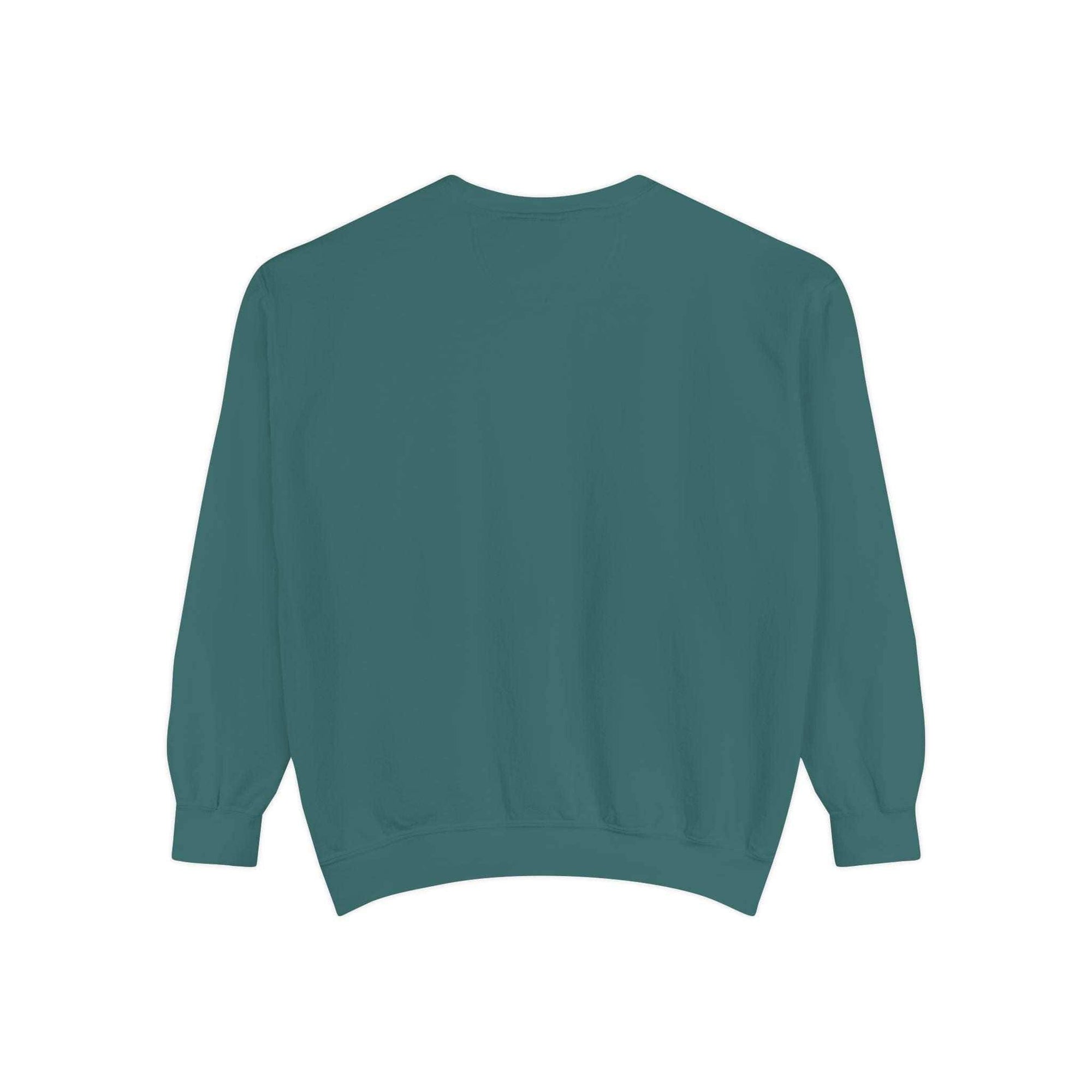 Back view of teal garment-dyed sweatshirt with relaxed fit and ribbed cuffs and waistband