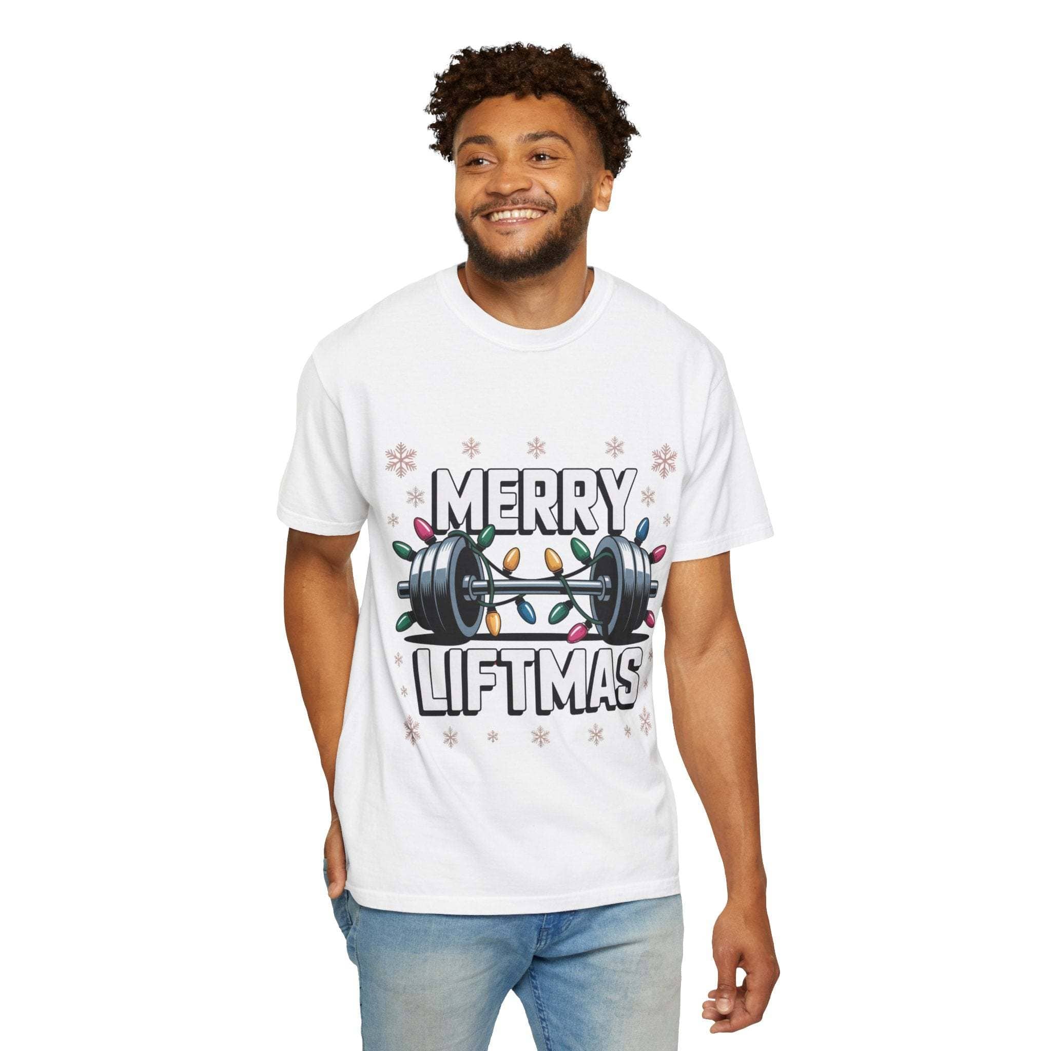 Man wearing white Christmas Workout T-shirt with Merry Liftmas barbell and lights design