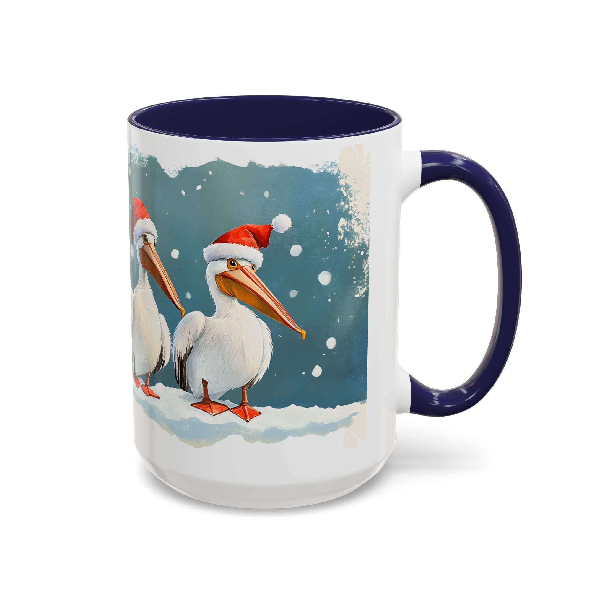 Mug with Christmas-themed design of pelicans wearing Santa hats on a snowy background.