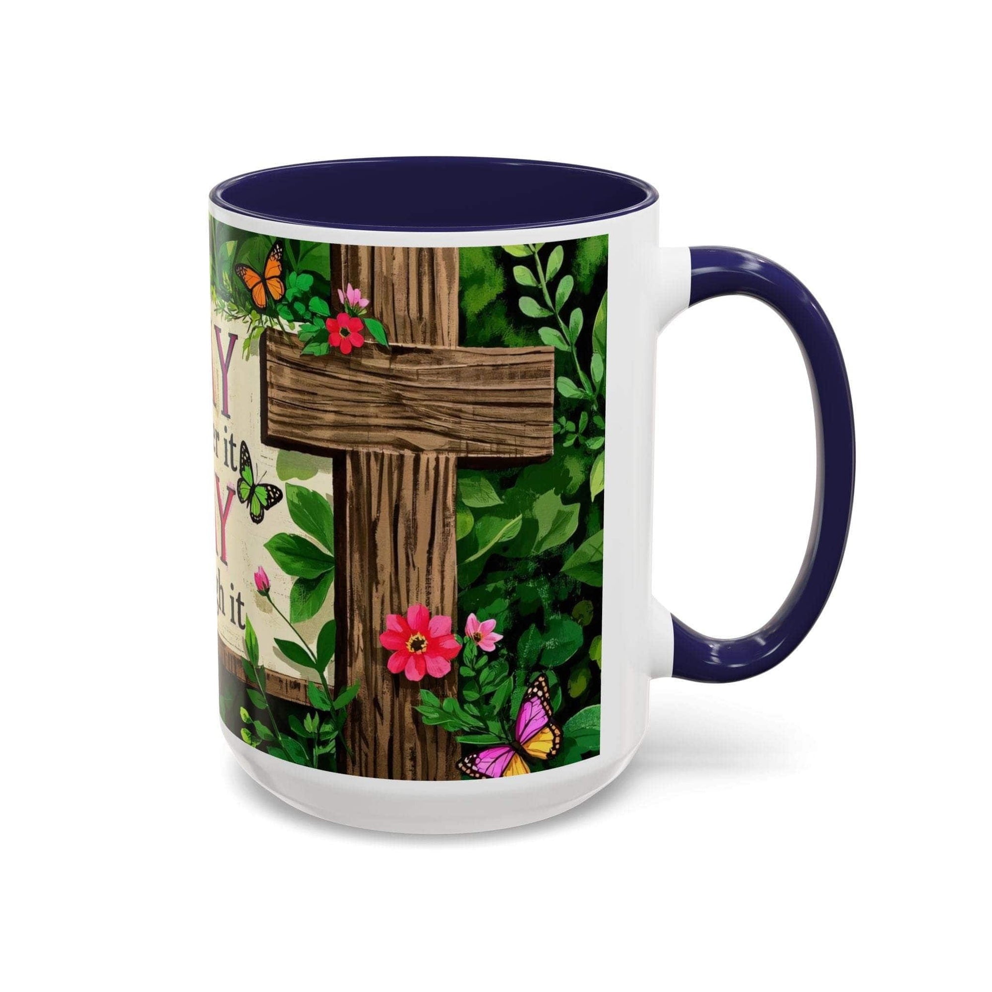 Mug with a cross and floral design on a white background