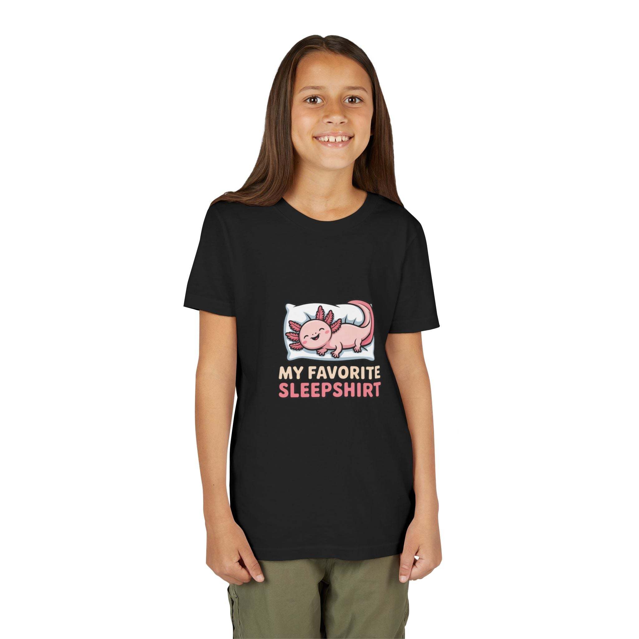 Youth wearing black Sleepshirt Axolotl Youth Tee with pink axolotl graphic and text My Favorite Sleepshirt