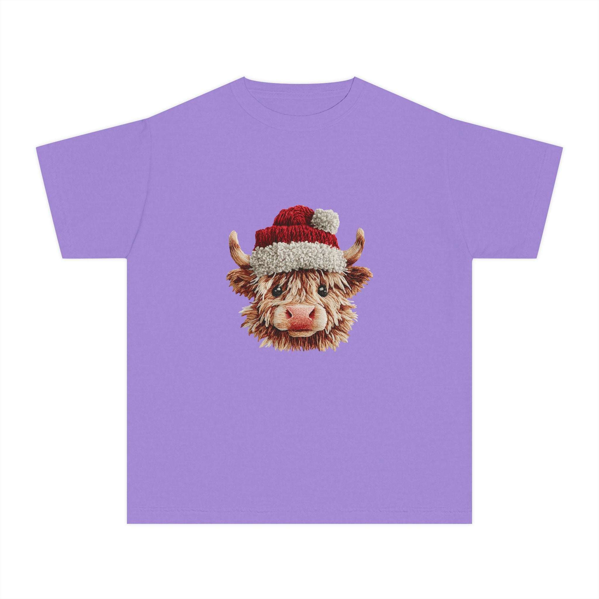 Youth tee featuring Santa Highland cow in faux crochet yarn style festive design
