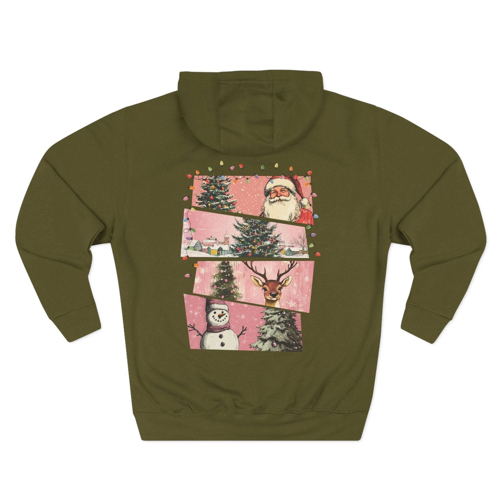 Olive green fleece hoodie with festive Christmas watercolor swatches and preppy holiday design on the back