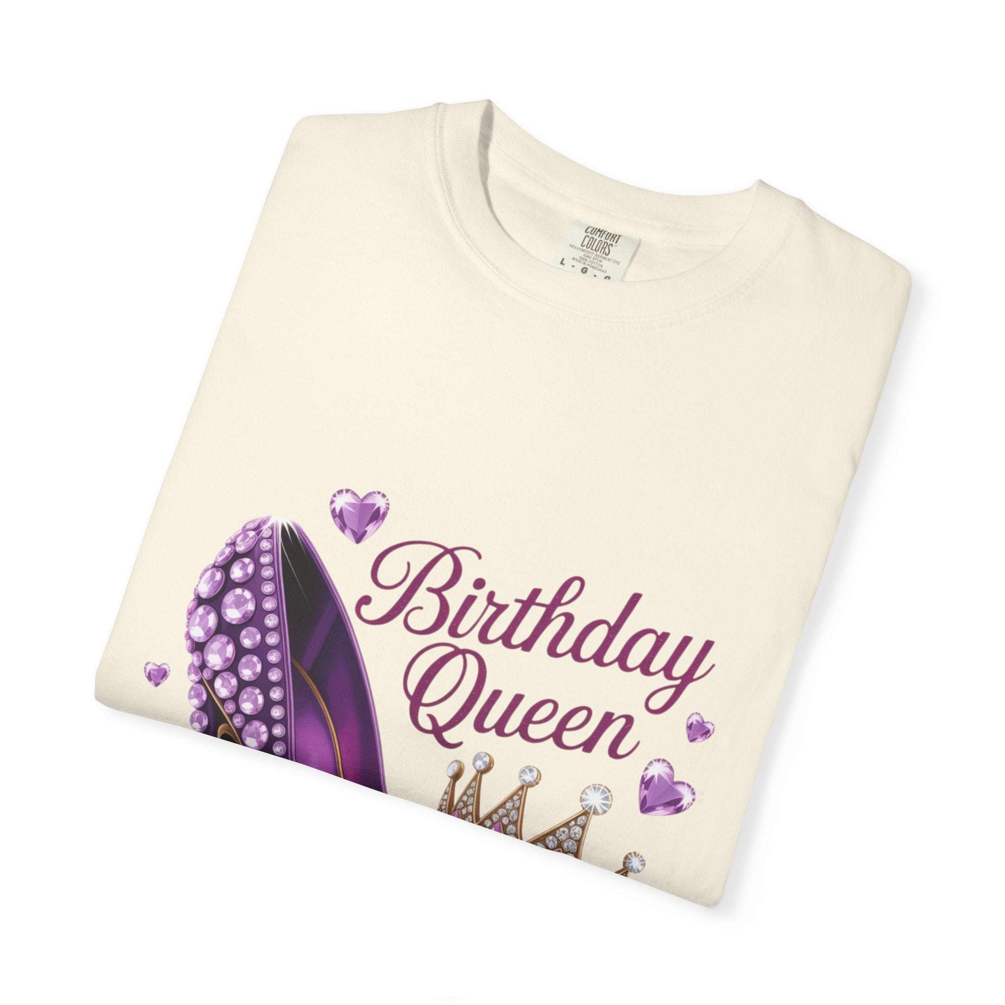 Black cotton t-shirt with 'Birthday Queen' text, stylish high heel graphic, by Printify