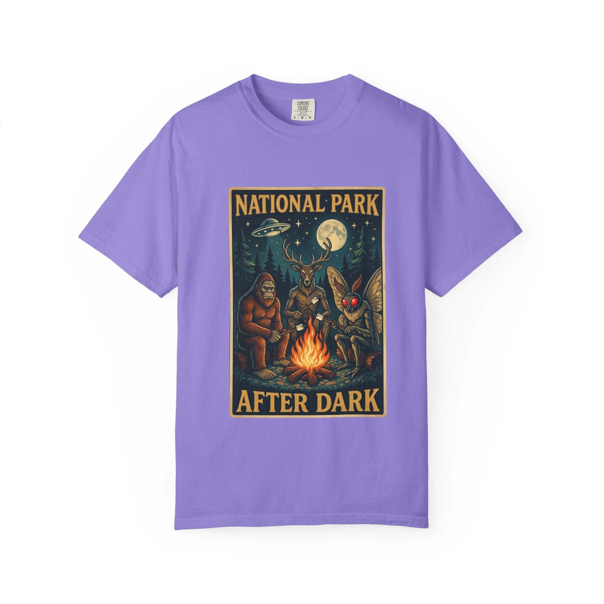 National Park After Dark T-Shirt | Campfire Sasquatch Mothman Night Creatures