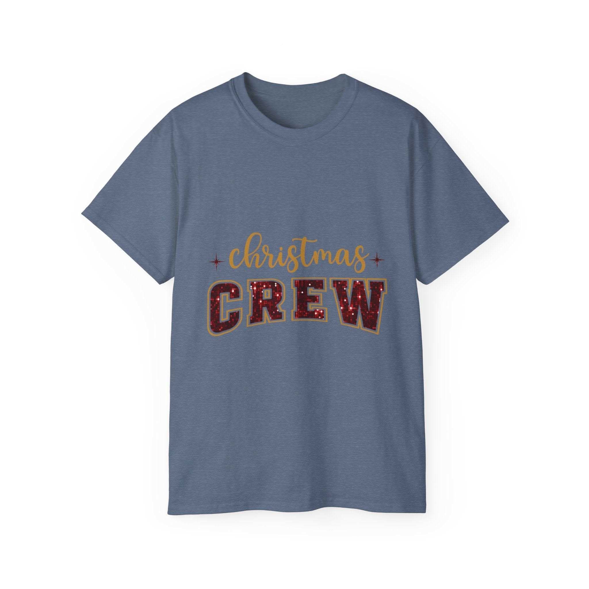 Antique Cherry Red Christmas Crew Faux Glitter Tee by Printify, short-sleeve festive t-shirt for holiday wear.