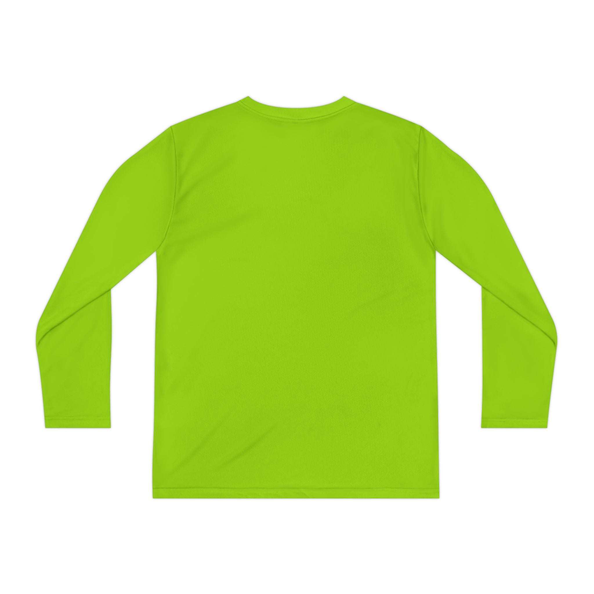 Back view of green long sleeve youth tee made of moisture-wicking fabric