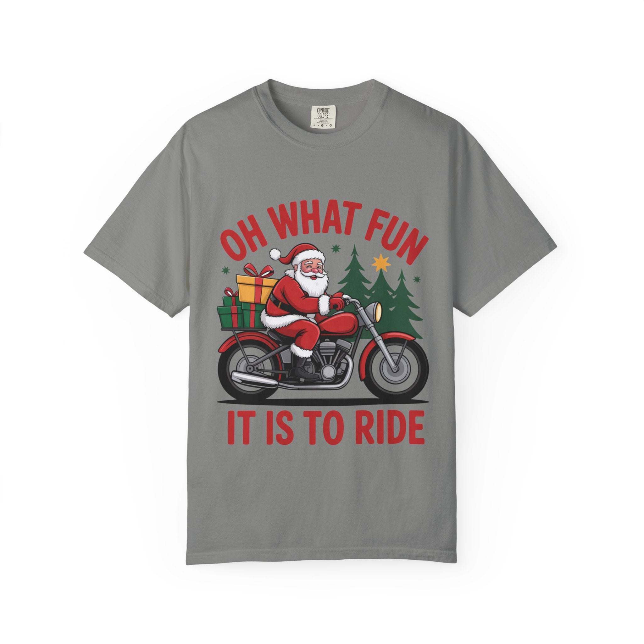 Santa on a motorcycle graphic t-shirt with festive Christmas design and text "Oh What Fun It Is To Ride"