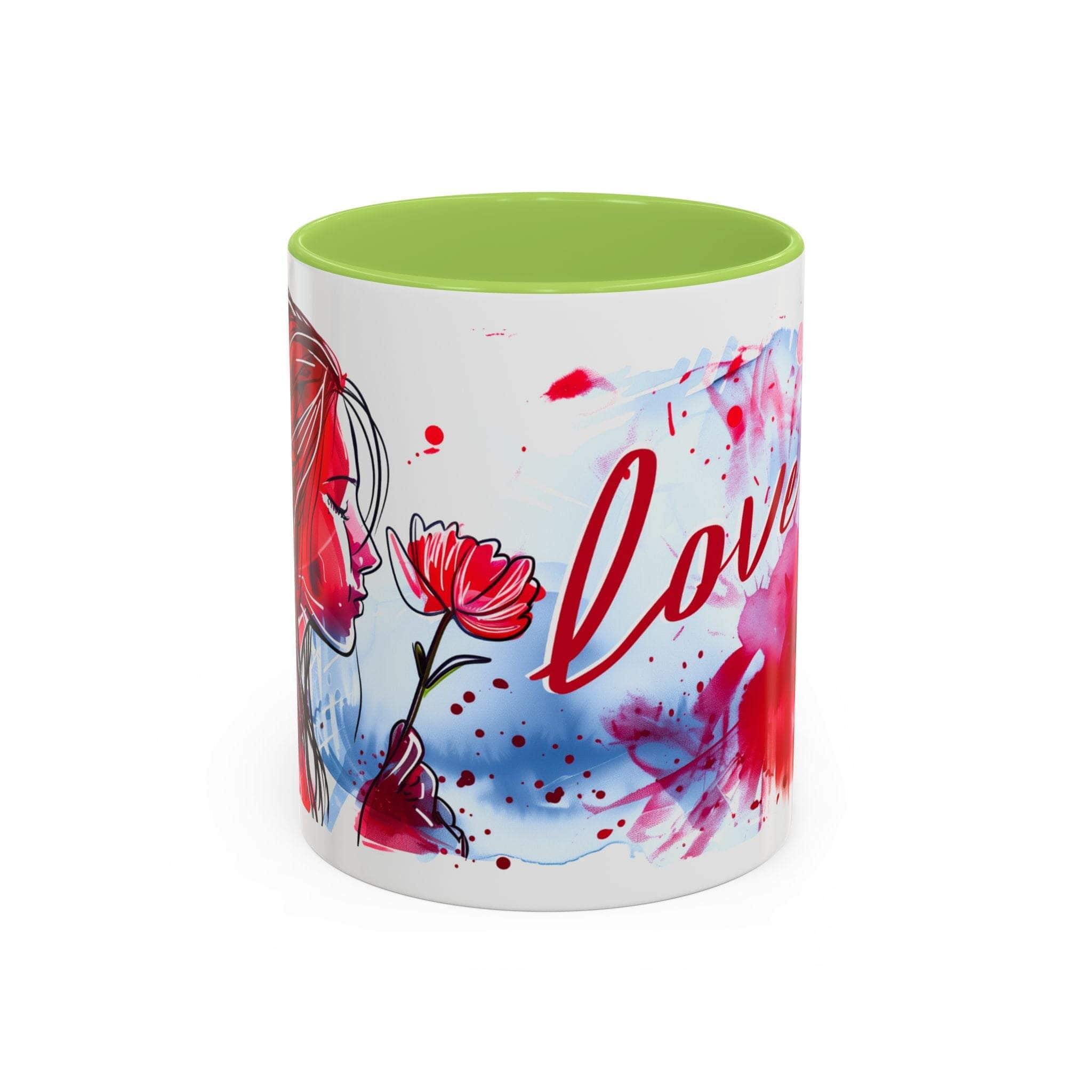 Valentines Floral Love Accent Coffee Mug with romantic heart and floral design, green interior, and white ceramic body
