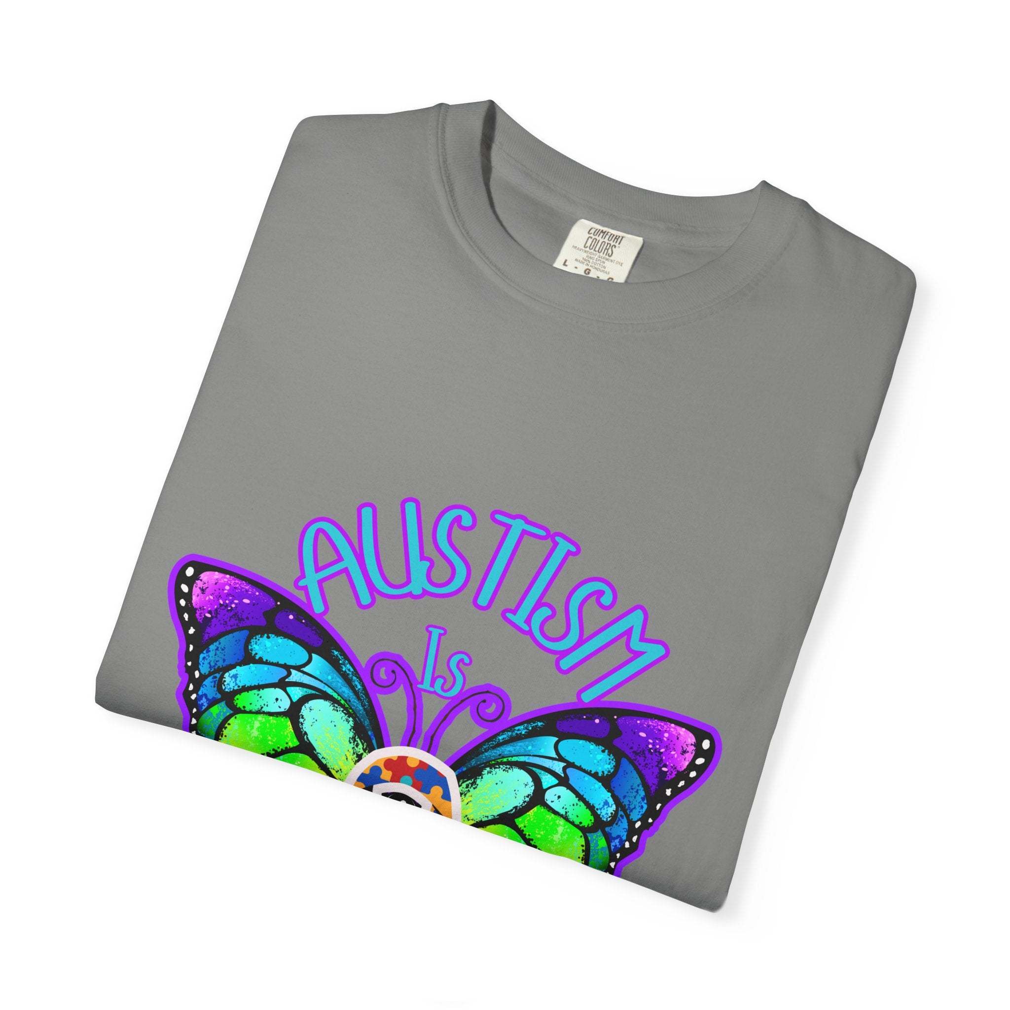 Autism is Beautiful T-shirt with colorful butterfly design, unisex autism awareness and support tee in soft gray cotton
