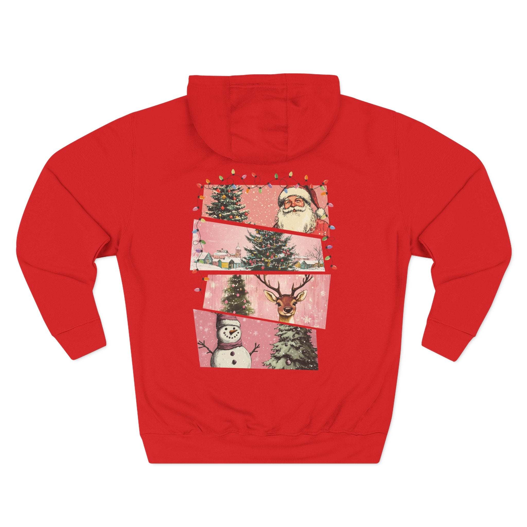 Red fleece hoodie with Christmas-themed watercolor design featuring Santa, trees, snowman, and reindeer on back