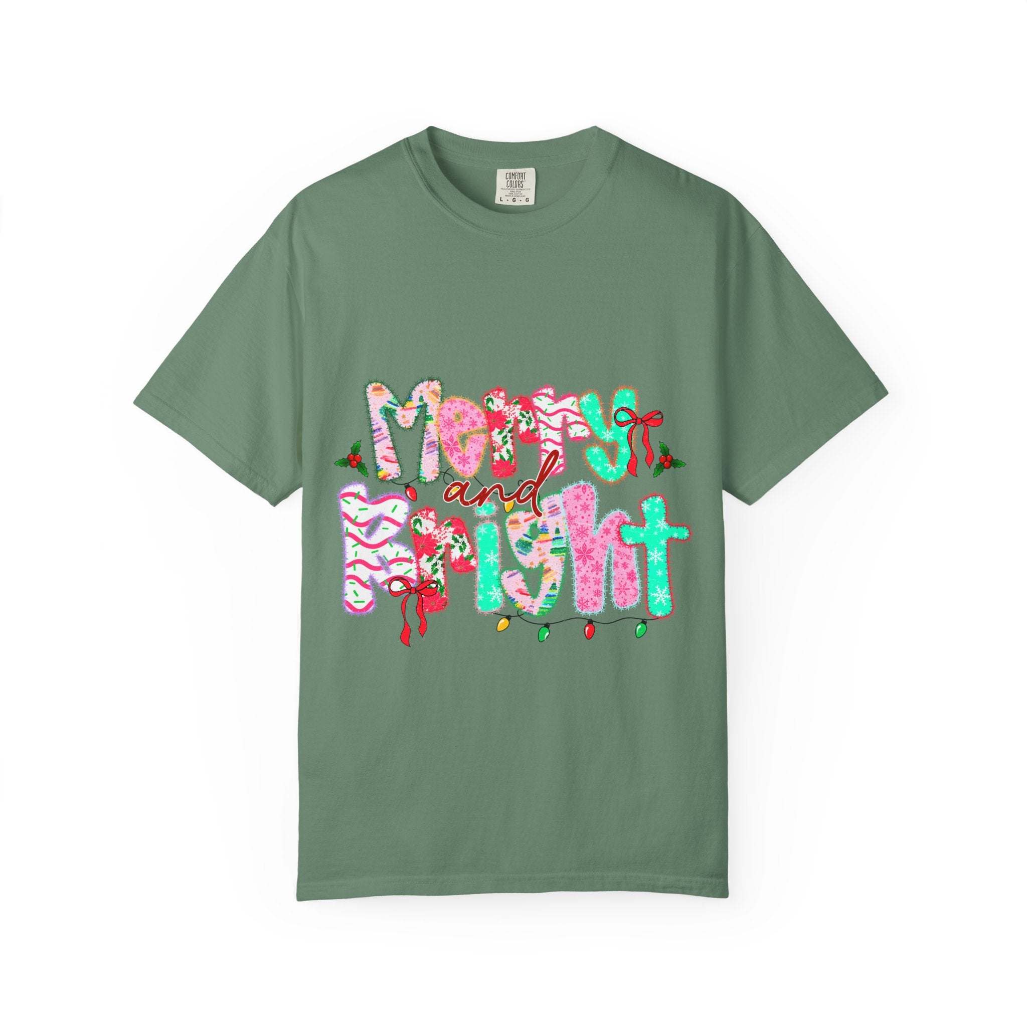 Green Merry and Bright T-shirt with festive holiday design, made of 100% US cotton, unisex and relaxed fit.