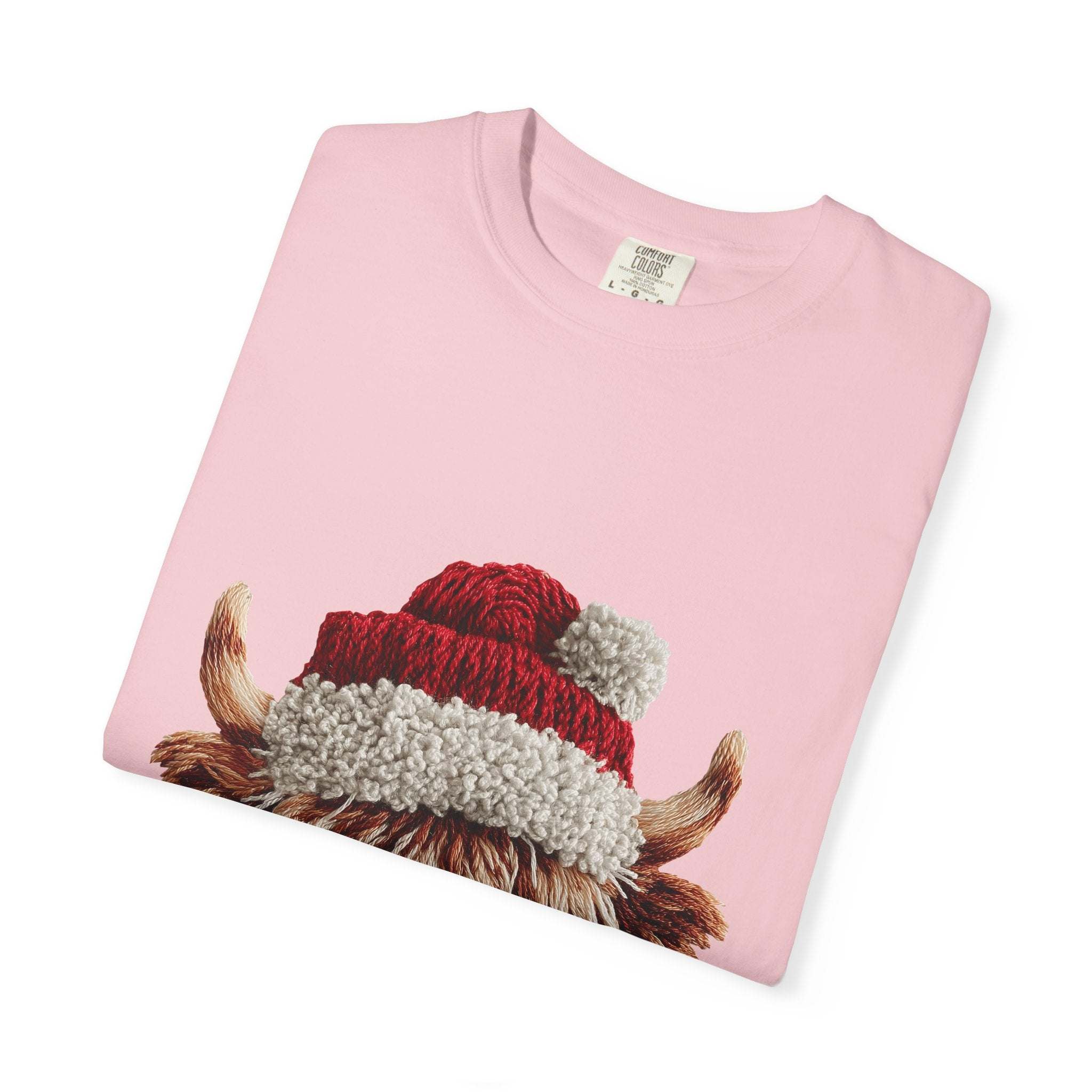 Black t-shirt featuring faux crochet yarn Highland cow Santa print by Printify, perfect for cozy Christmas wear.
