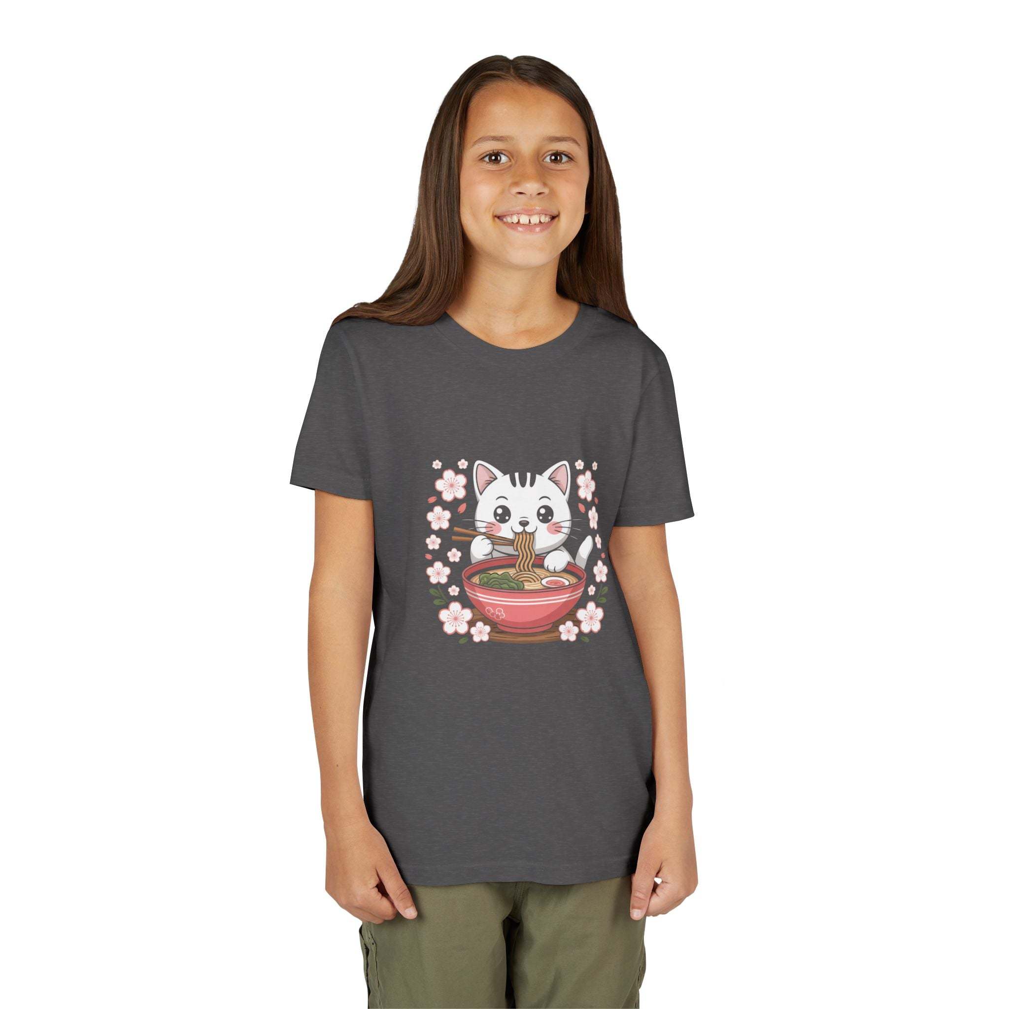 Kawaii cat eating ramen bowl on cute youth short sleeve tee