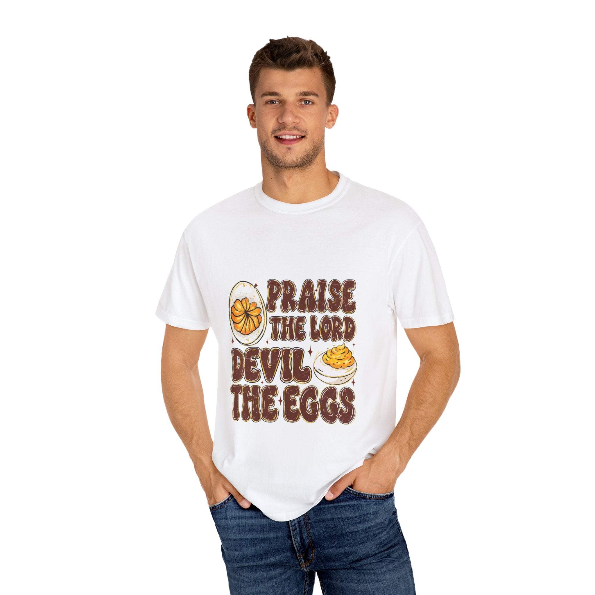 Religious unisex T-shirt with "Praise the Lord, Devil the Eggs" humorous design on white cotton fabric