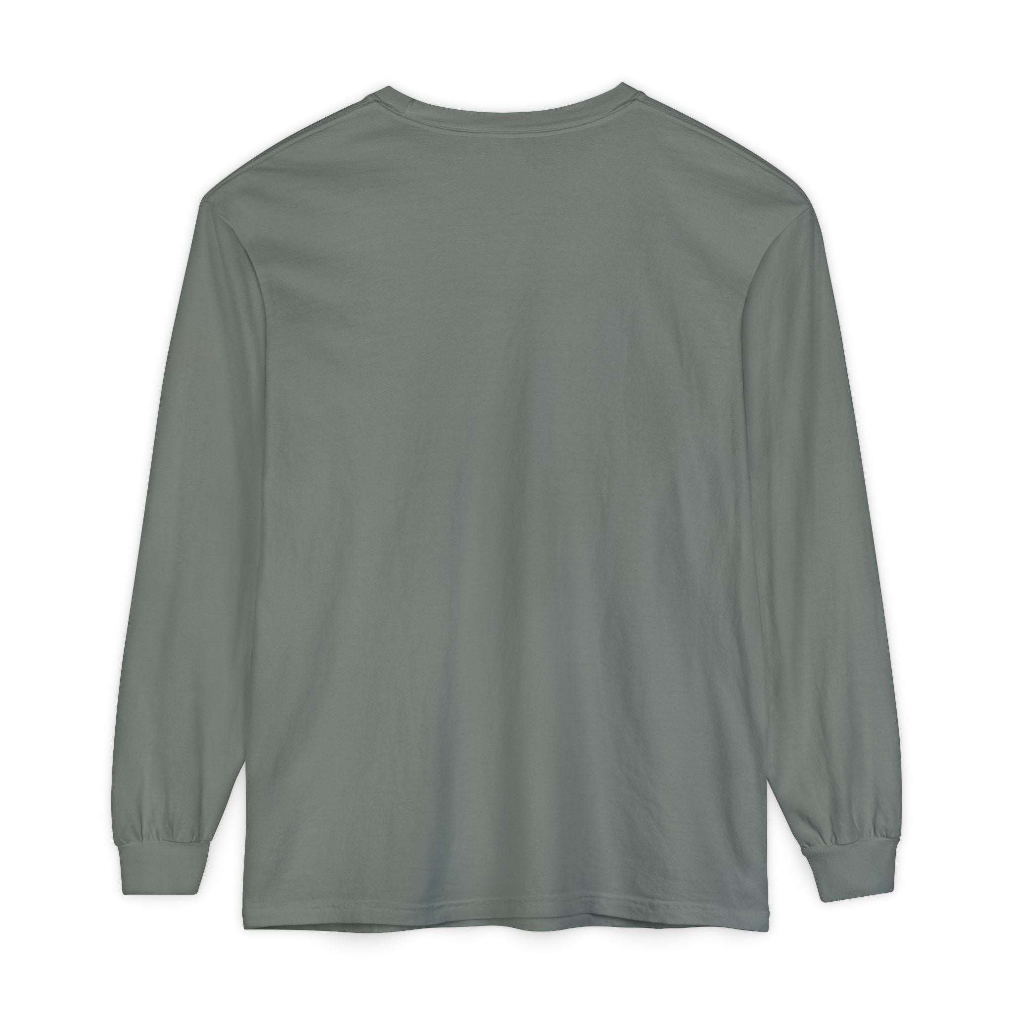 Back view of a plain long sleeve t-shirt in muted gray color with ribbed cuffs and durable double needle hems.
