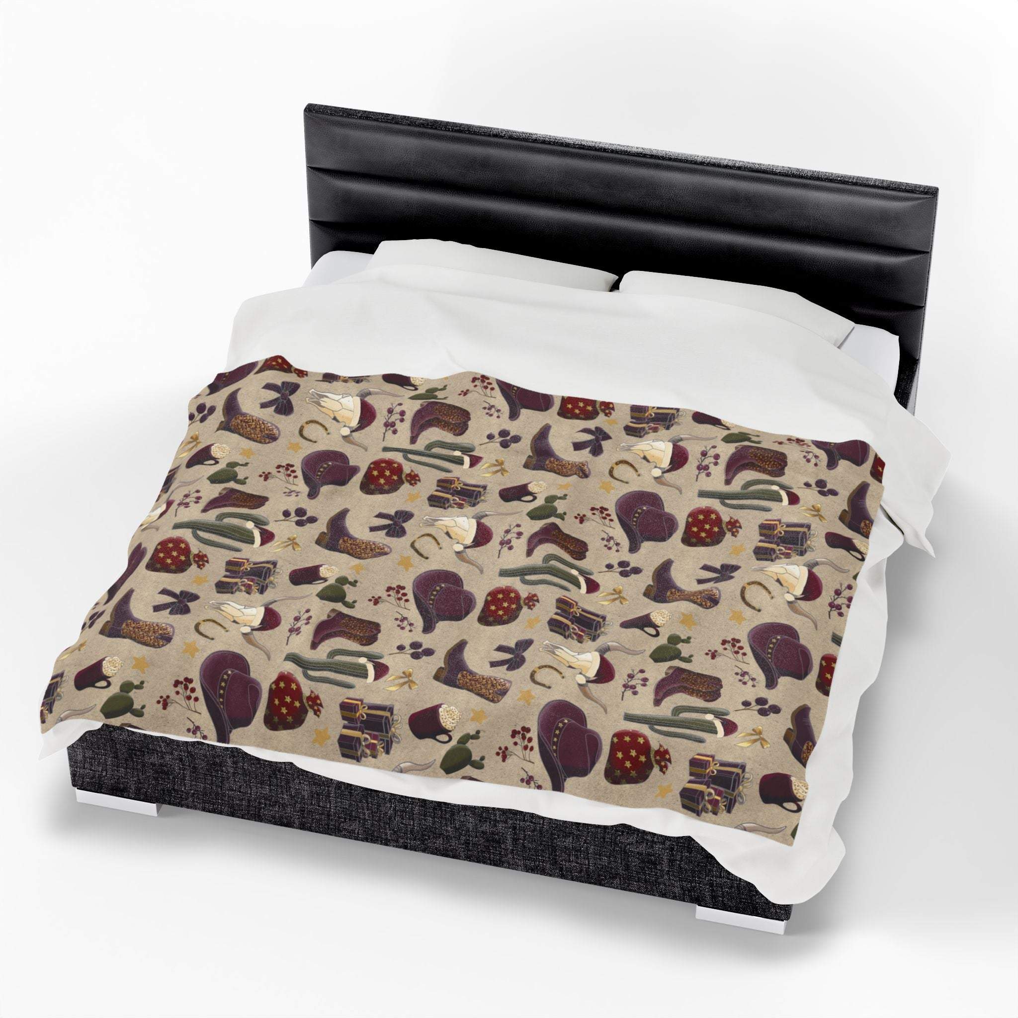 Cowboy Christmas design plush blanket on bed with festive western patterns
