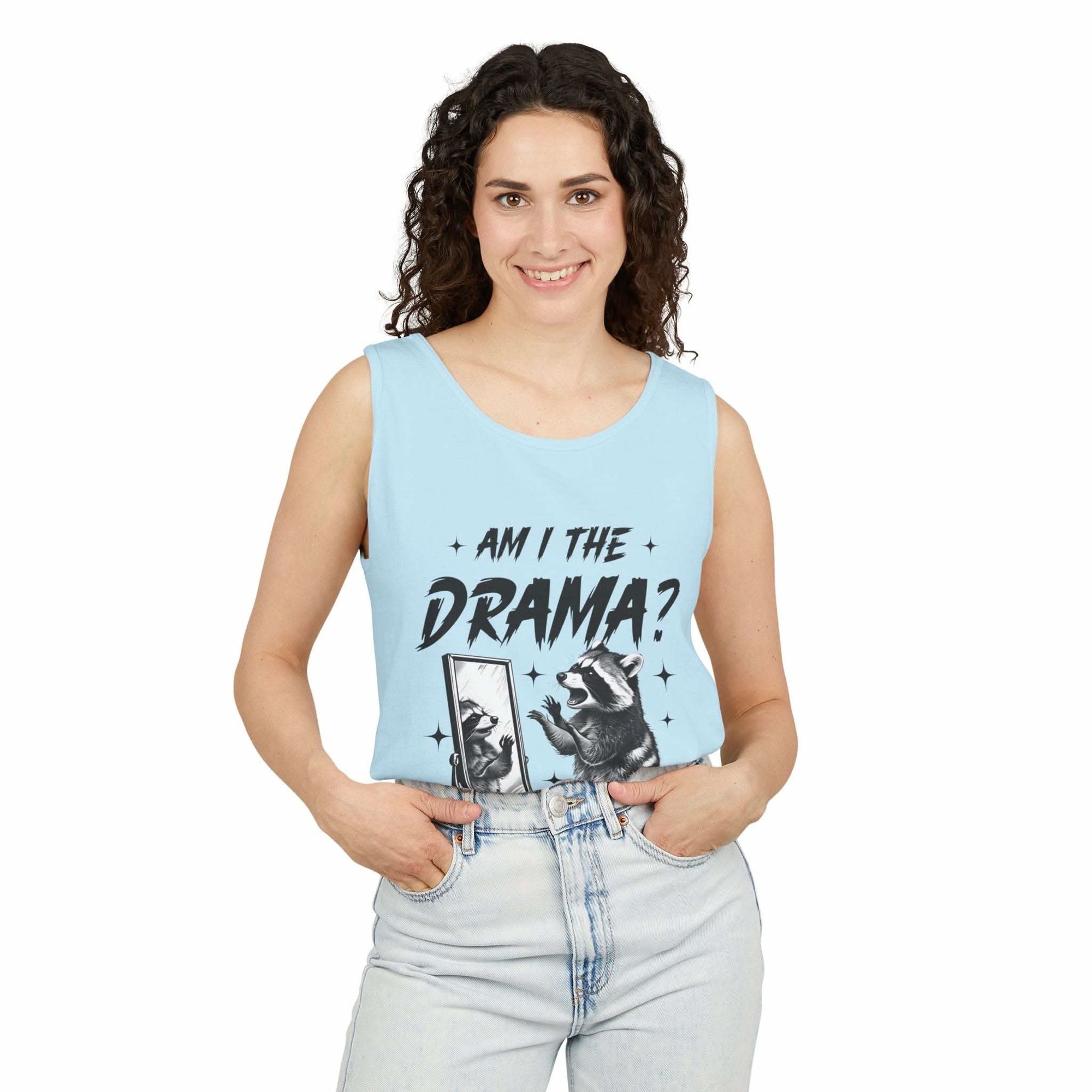 Light blue tank top with "Am I The Drama?" text and raccoon graphic, casual and trendy summer wear