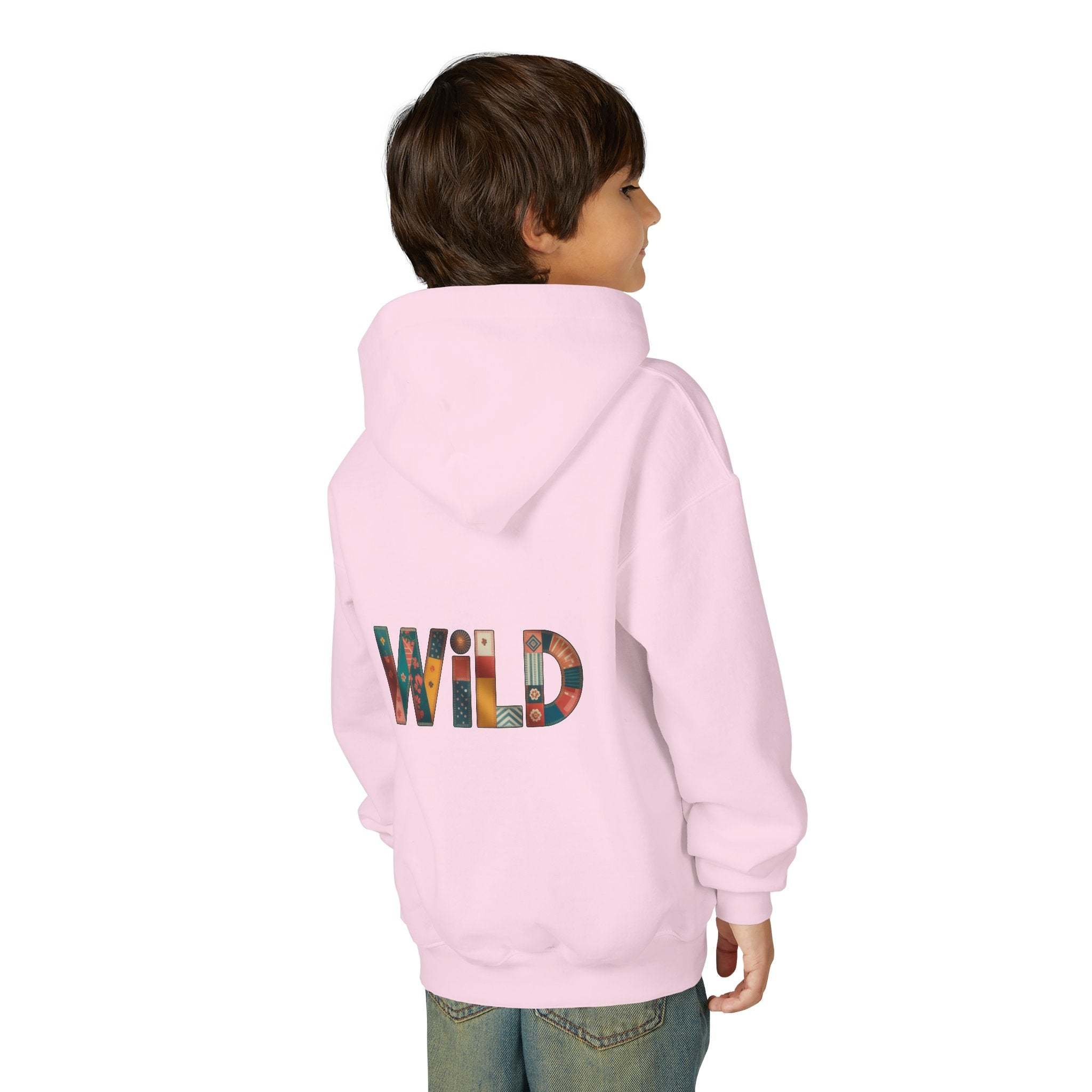 Child wearing pink Patchwork Wild Word Hoodie with colorful "WILD" text on back and kangaroo pocket