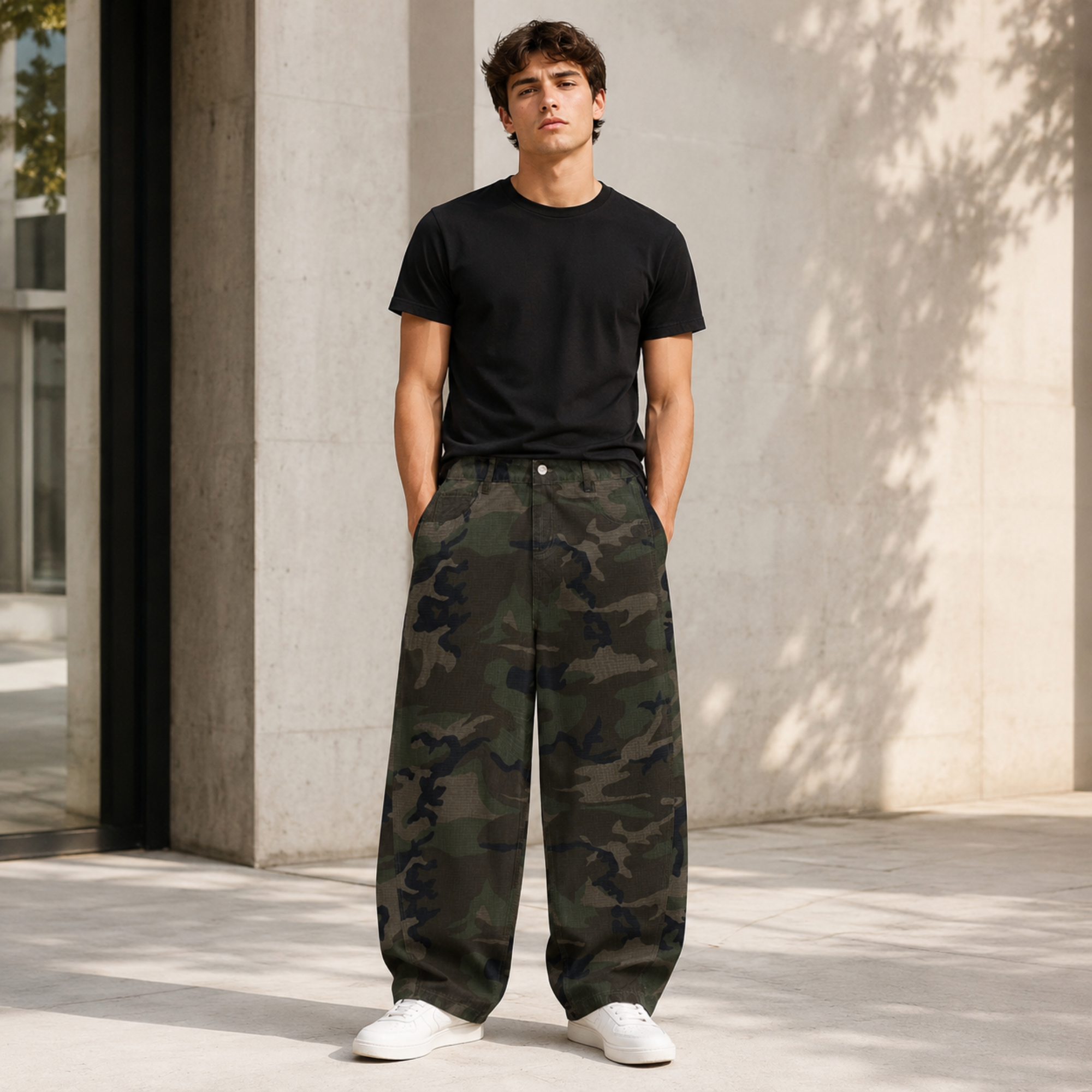 Men’s Camo Barrel Leg Cargo Pants – Loose Fit Cotton Blend Utility Pants