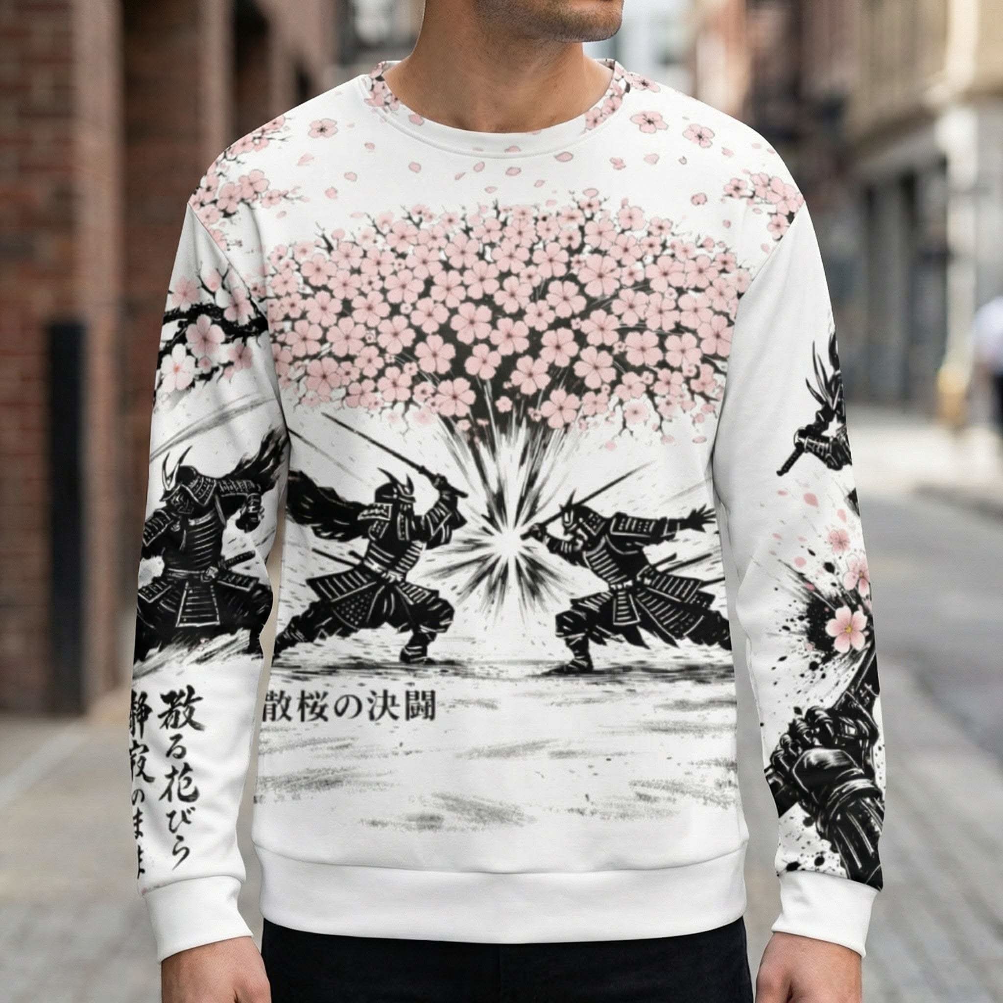 Samurai Cherry Blossom sweatshirt with silhouetted samurai warriors and pink cherry blossoms design