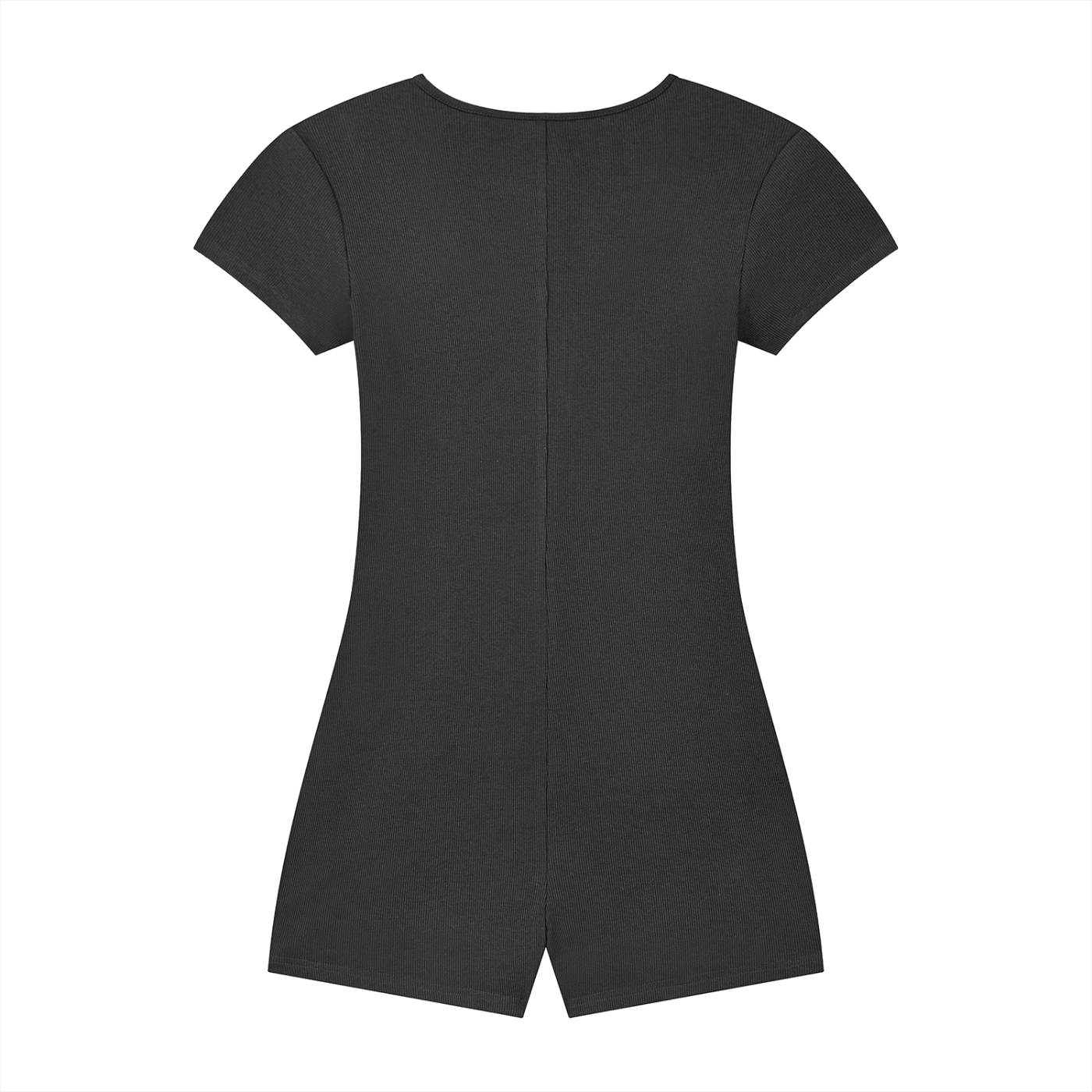 Woman wearing a women’s ribbed tie-waist cape romper with a scoop neckline and short sleeves in a fitted Y2K athleisure style