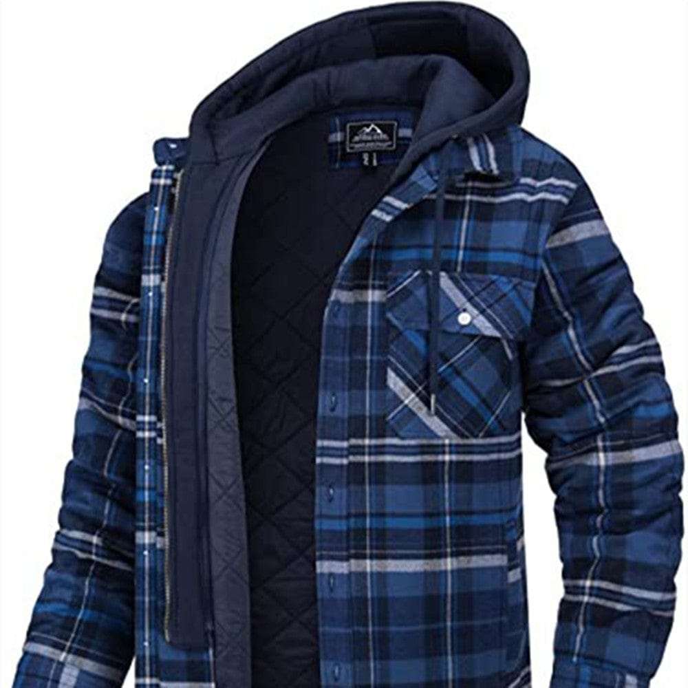 Mens blue plaid hooded coat with zip-up front and cotton filling for winter warmth