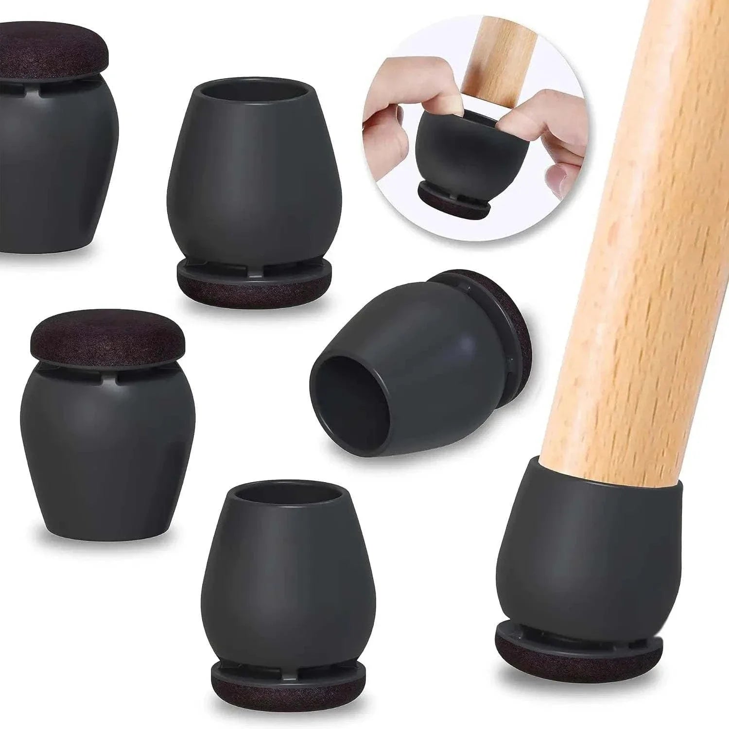 8PCS black silicone chair leg protectors with thick felt pads for floor protection on wooden chair legs