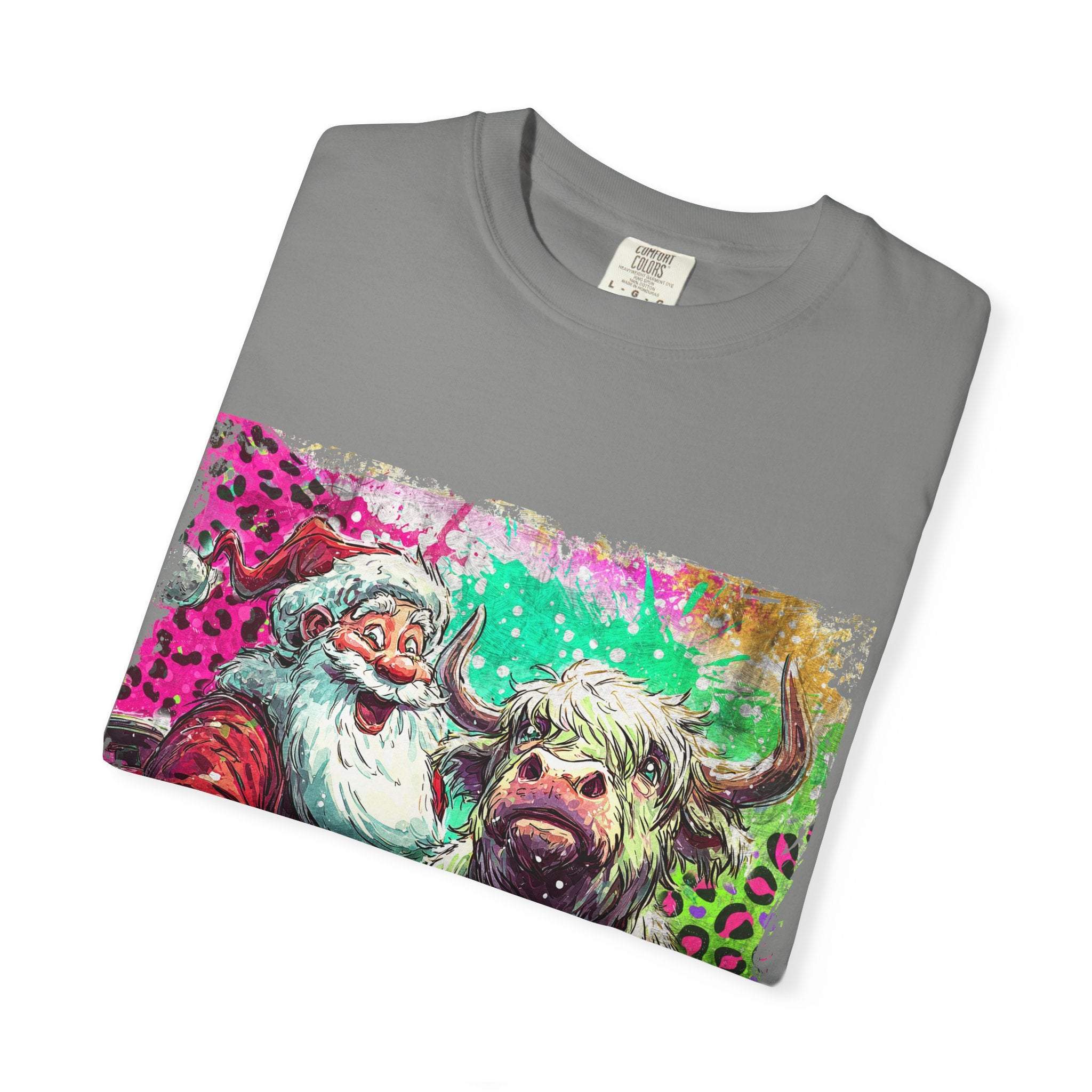 Retro Santa and Highland Cow graphic on a black t-shirt by Printify, perfect for festive holiday wear.